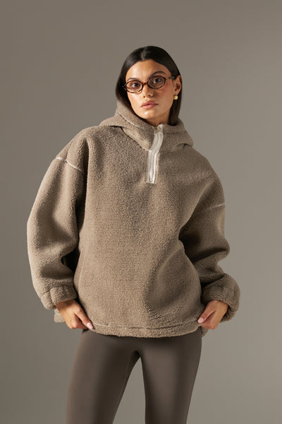 Oversized Quarter Zip Borg Hoodie - Latte