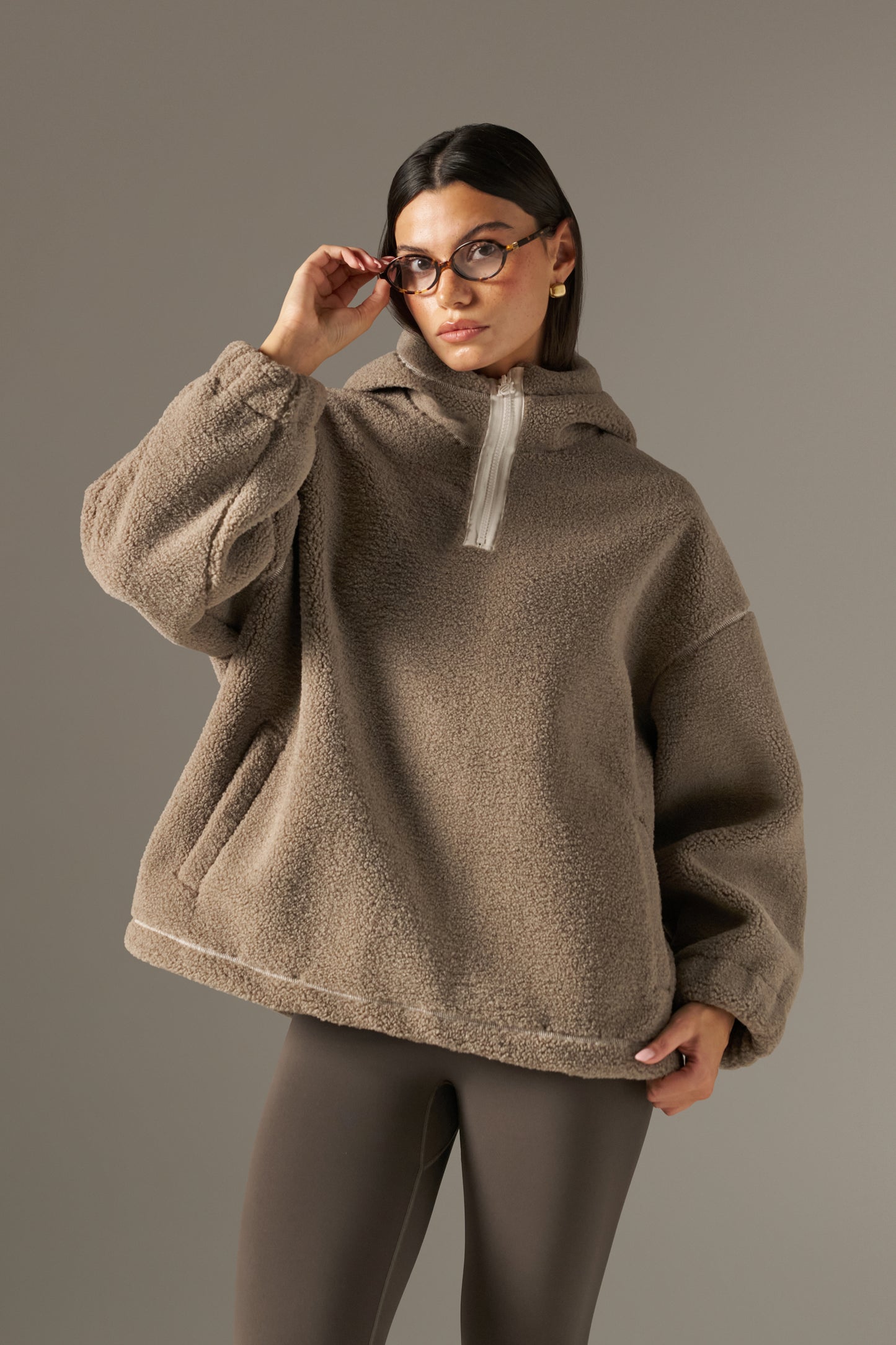 Oversized Quarter Zip Borg Hoodie - Latte
