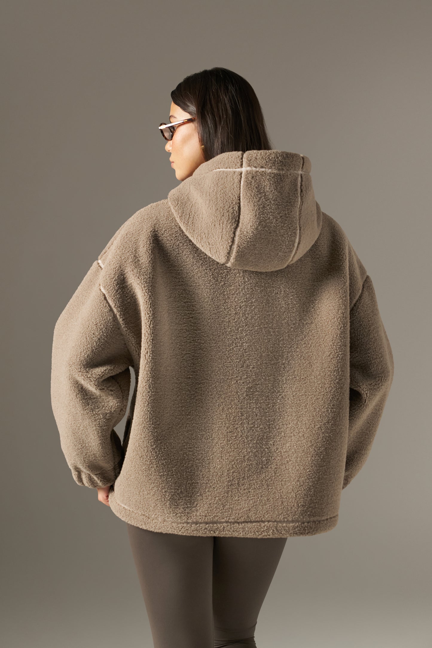 Oversized Quarter Zip Borg Hoodie - Latte