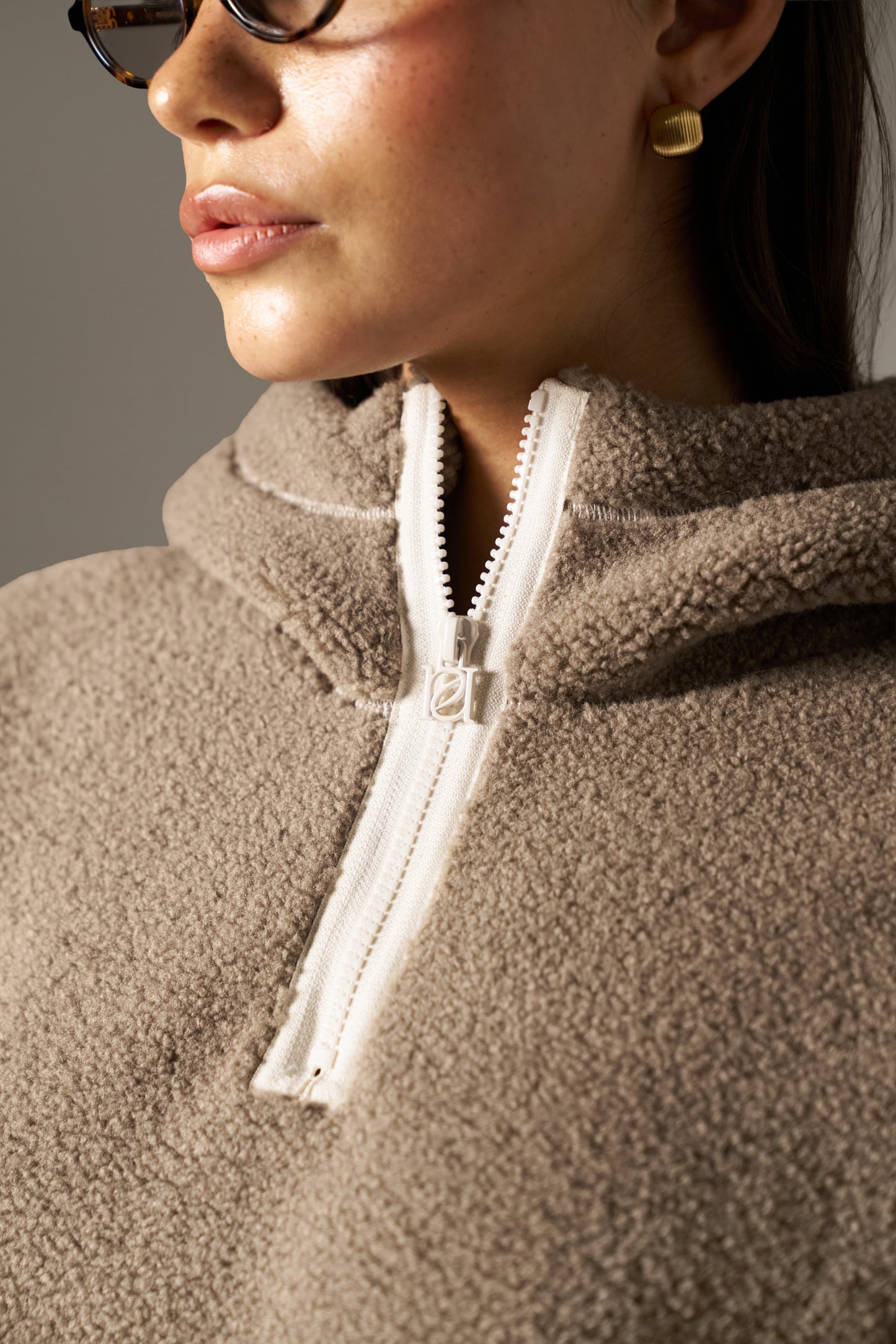 Oversized Quarter Zip Borg Hoodie - Latte