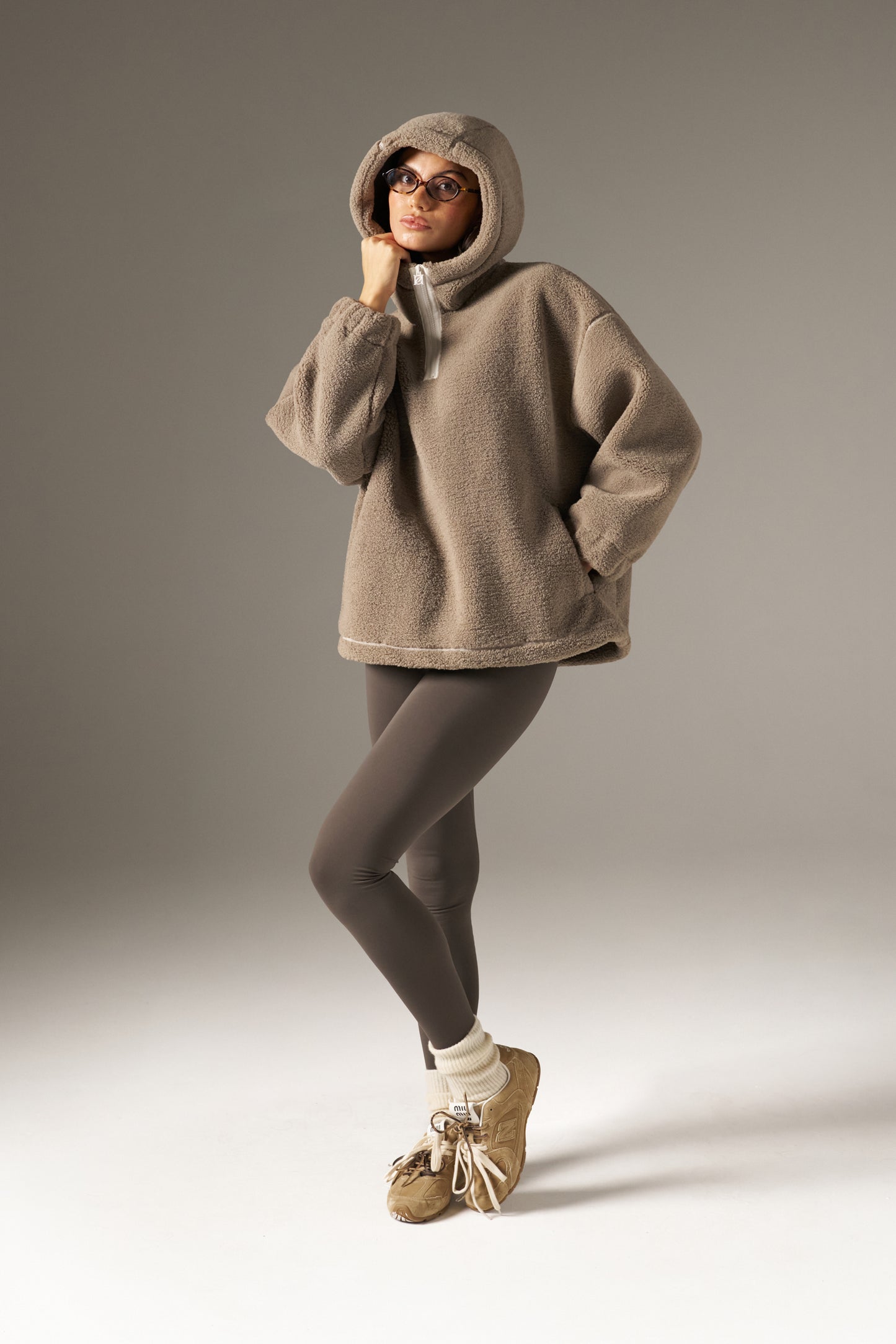 Oversized Quarter Zip Borg Hoodie - Latte