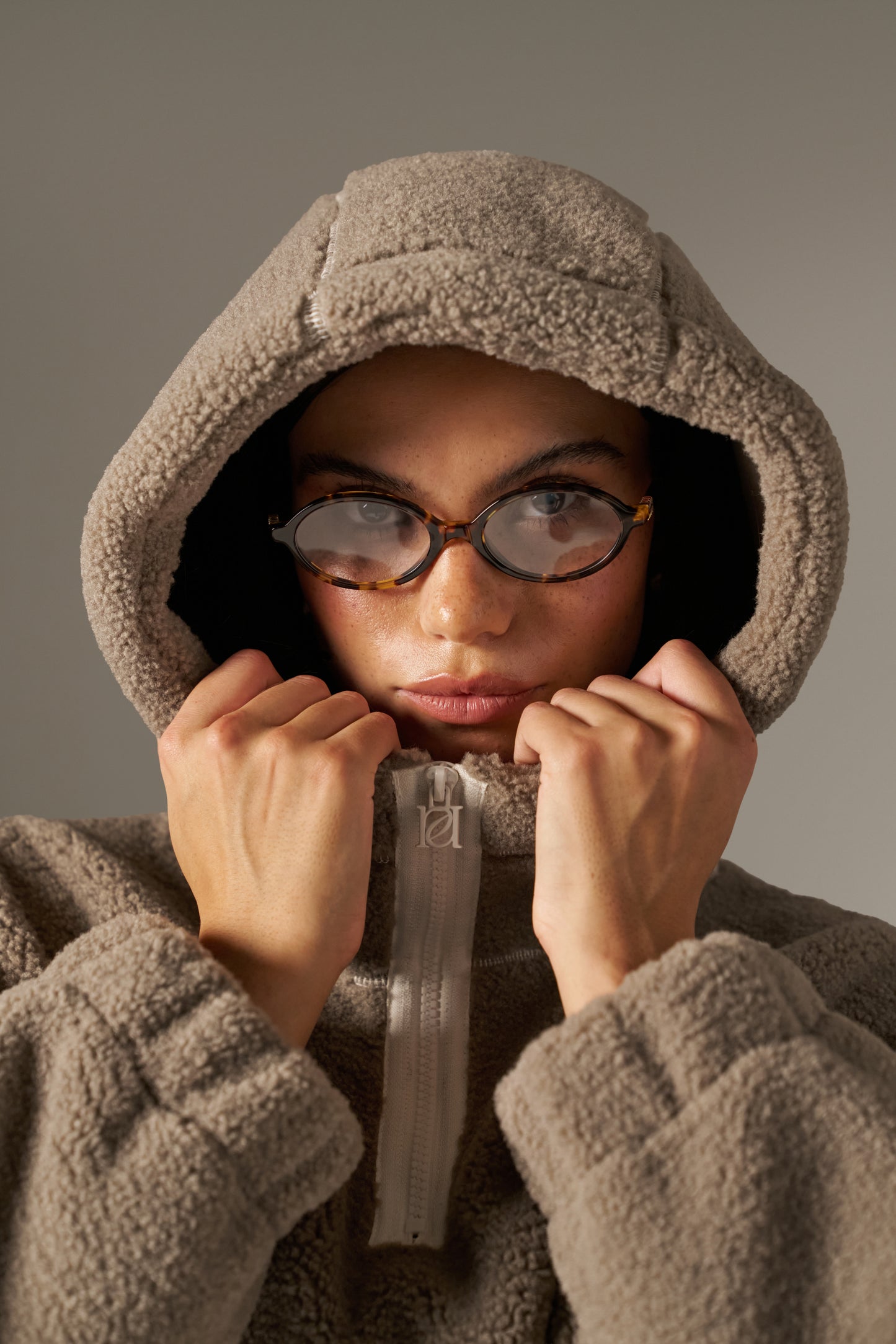 Oversized Quarter Zip Borg Hoodie - Latte