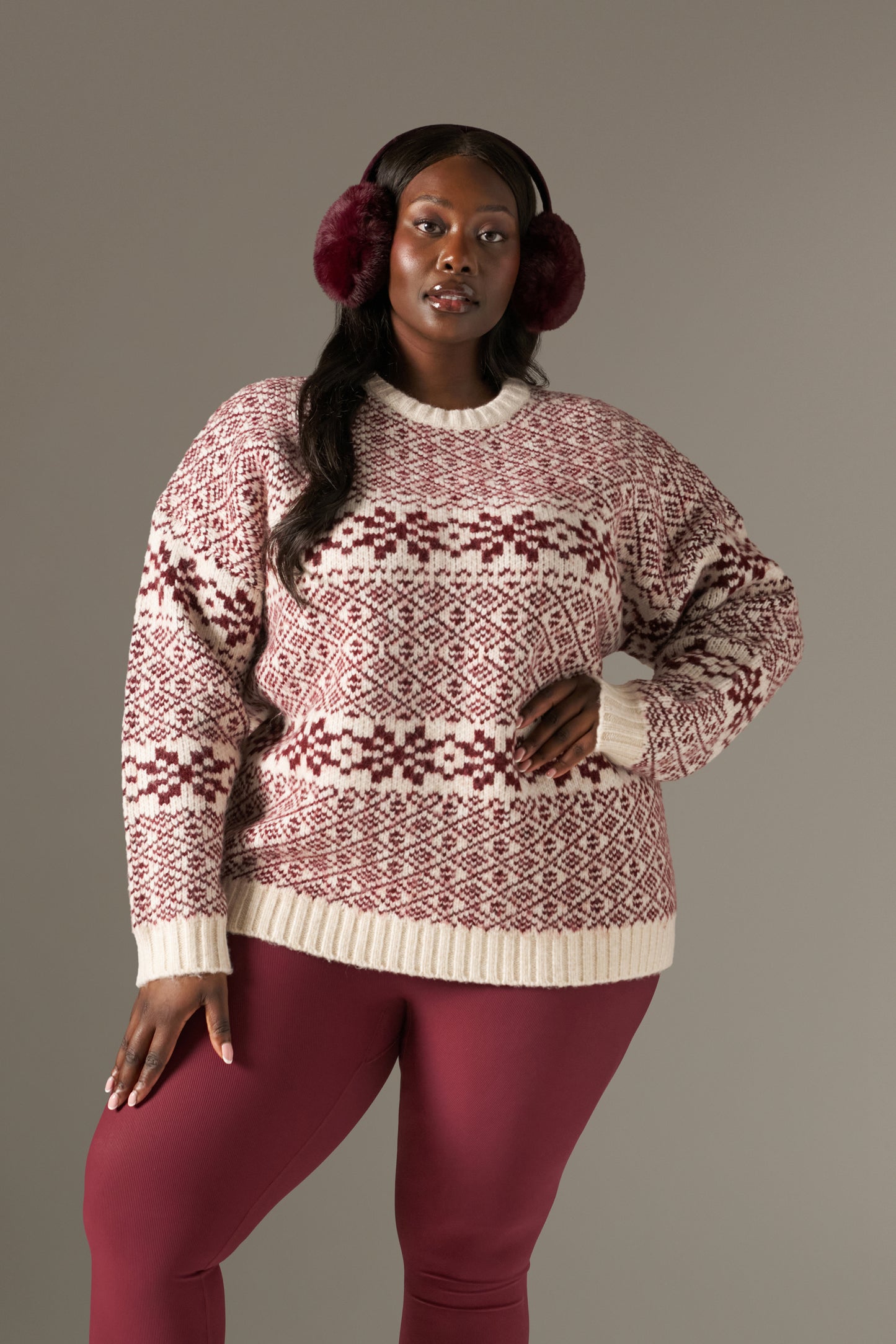 Fair Isle Detail Knitted Jumper - Dark Cherry