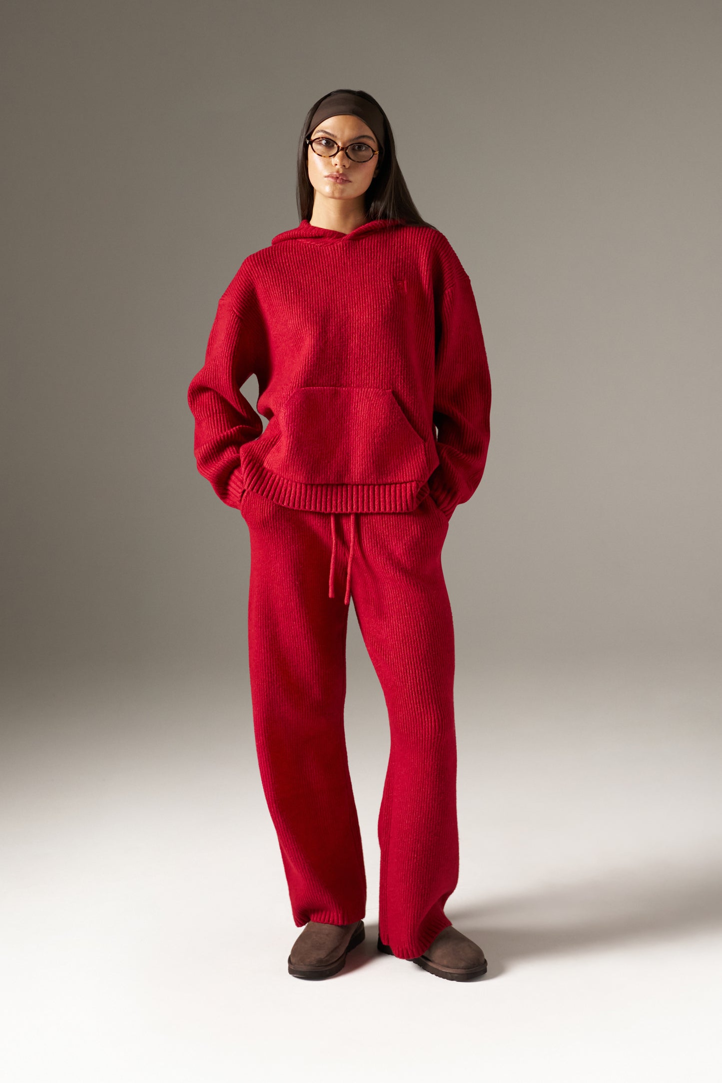 Oversized Premium Knitted Hoodie - Ruby Red
