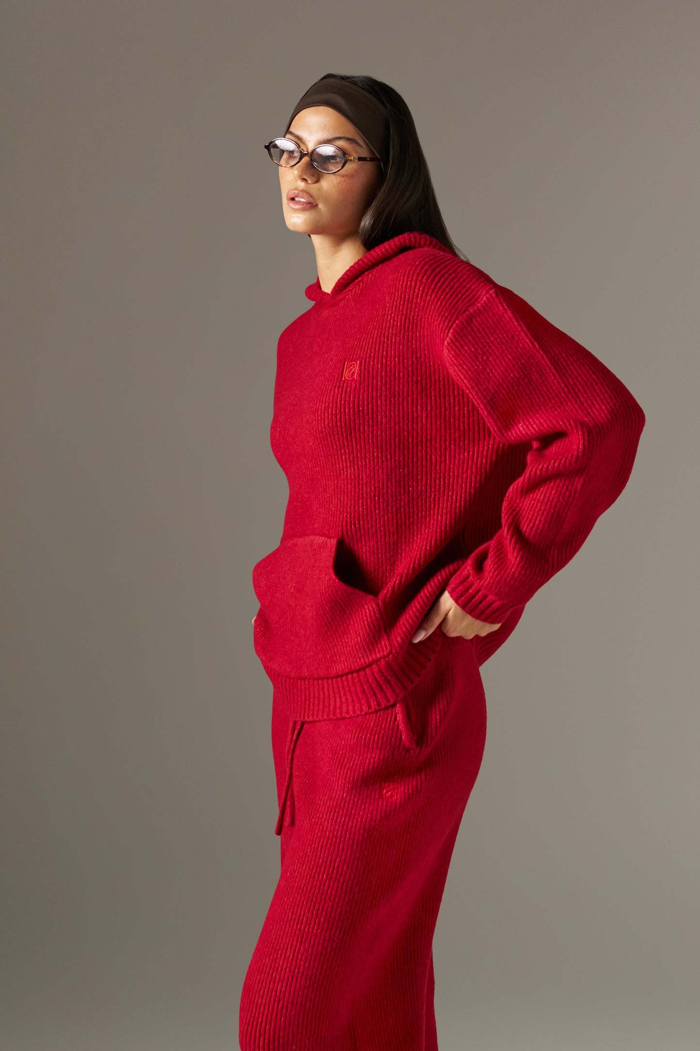 Oversized Premium Knitted Hoodie - Ruby Red