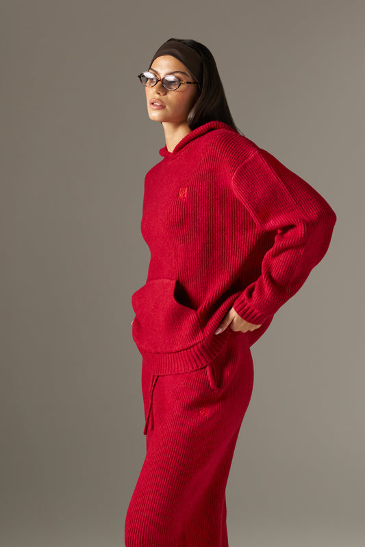 Oversized Premium Knitted Hoodie - Ruby Red
