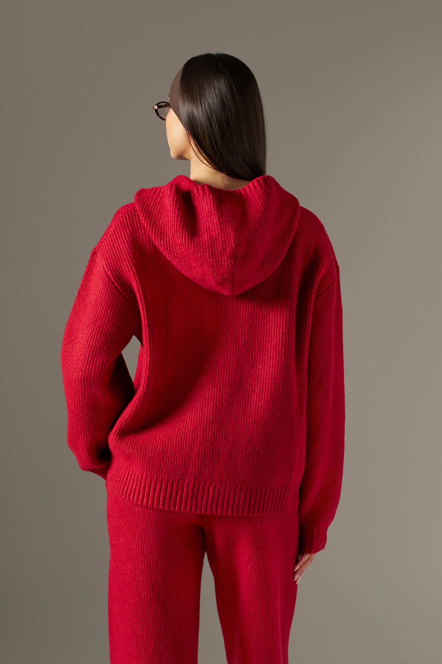Oversized Premium Knitted Hoodie - Ruby Red