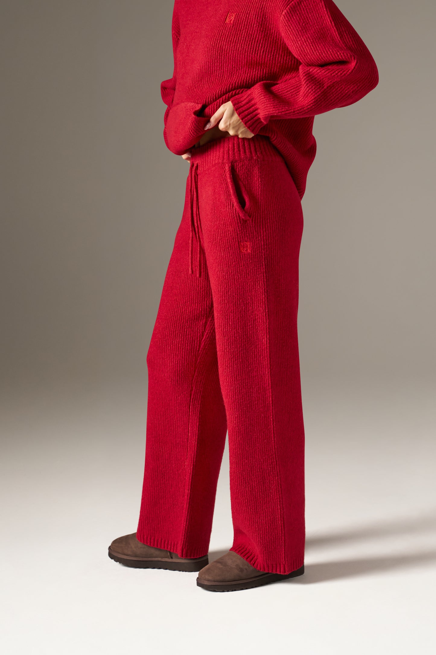 Wide Leg Premium Knitted Trousers - Ruby Red