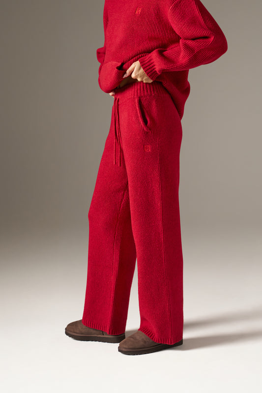 Wide Leg Premium Knitted Trousers - Ruby Red