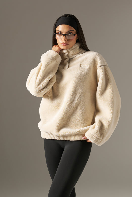 Popper Front Borg  Sweatshirt - Crème