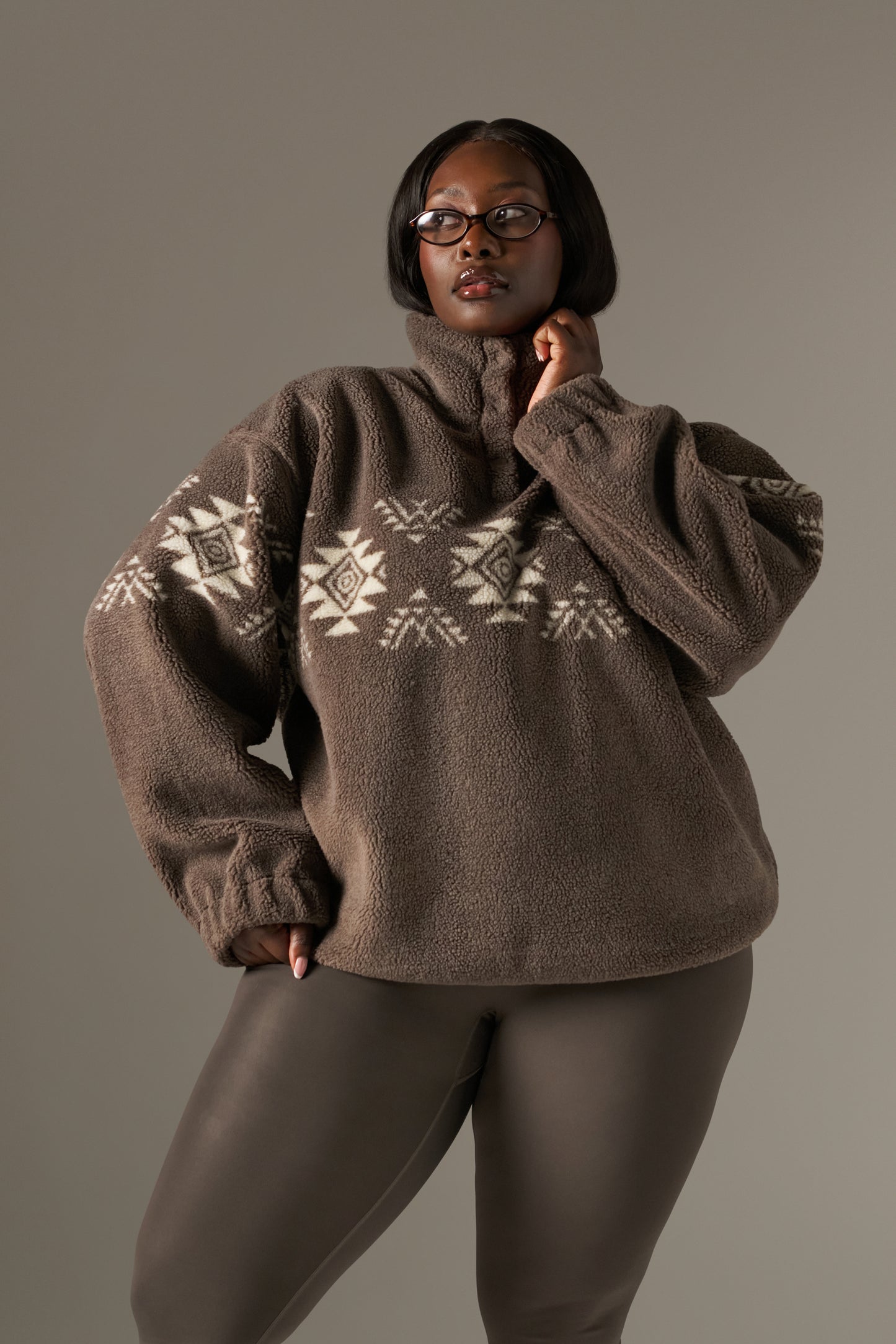 Fairisle Popper Detail Borg Sweatshirt - Cocoa