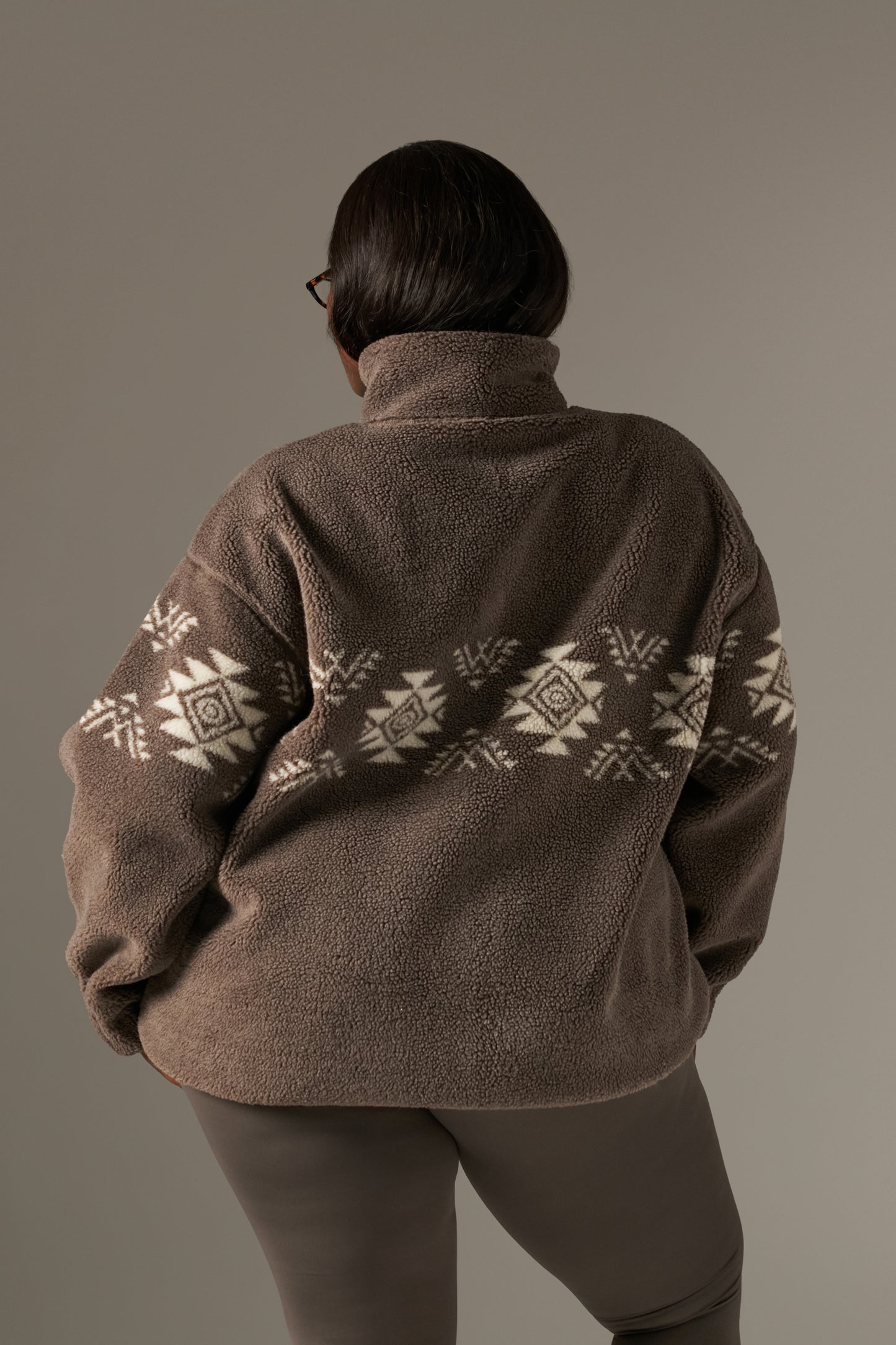Fairisle Popper Detail Borg Sweatshirt - Cocoa