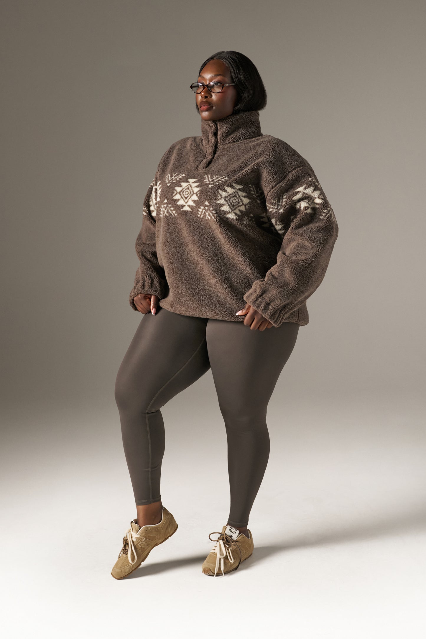 Fairisle Popper Detail Borg Sweatshirt - Cocoa