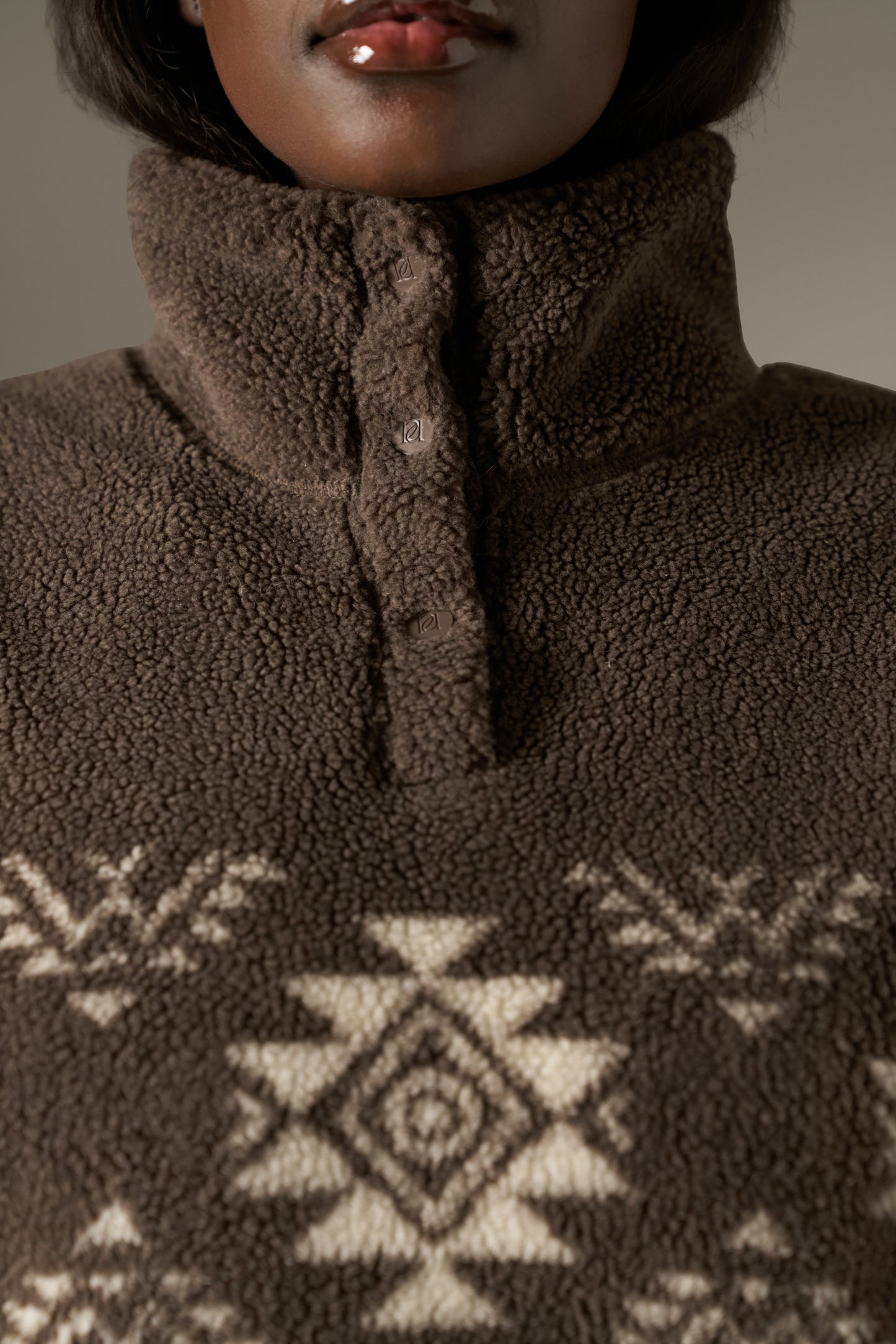 Fairisle Popper Detail Borg Sweatshirt - Cocoa