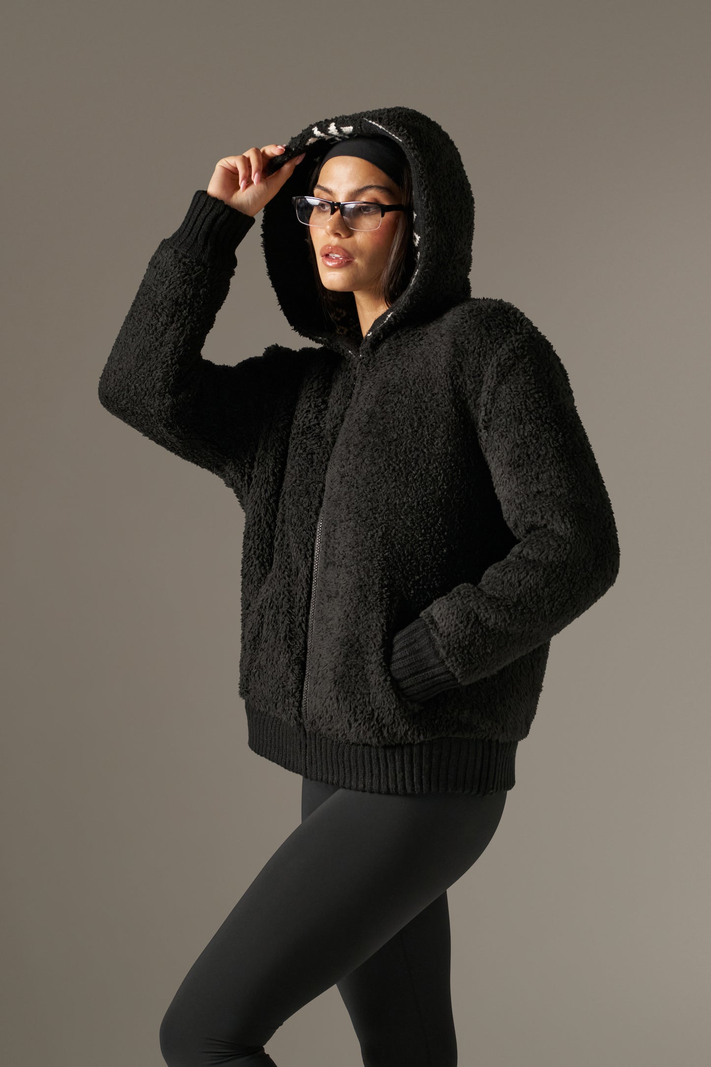 Fair Isle Reversible Zip Through Knitted Hoodie - Core Black