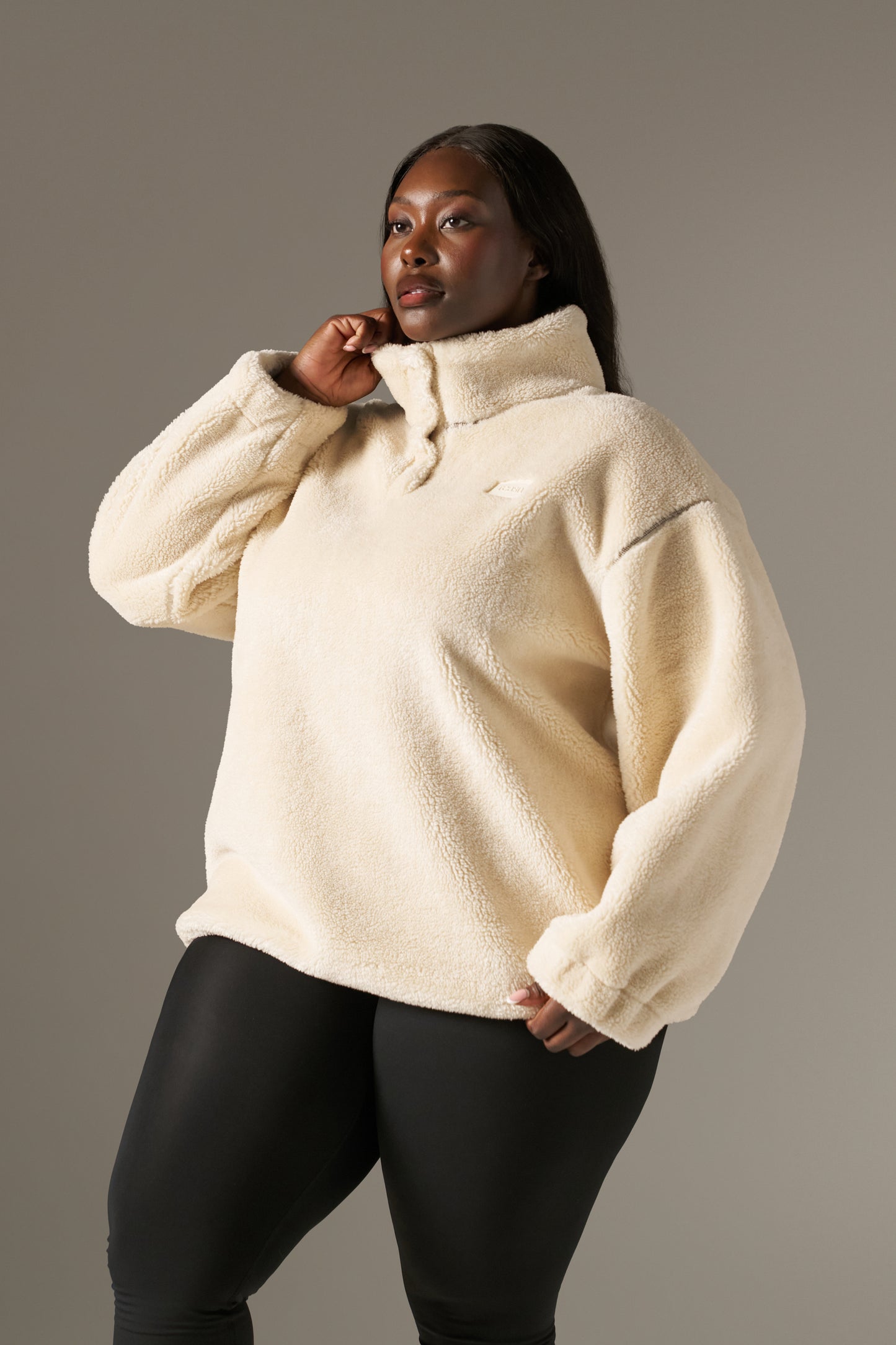 Popper Front Borg  Sweatshirt - Crème