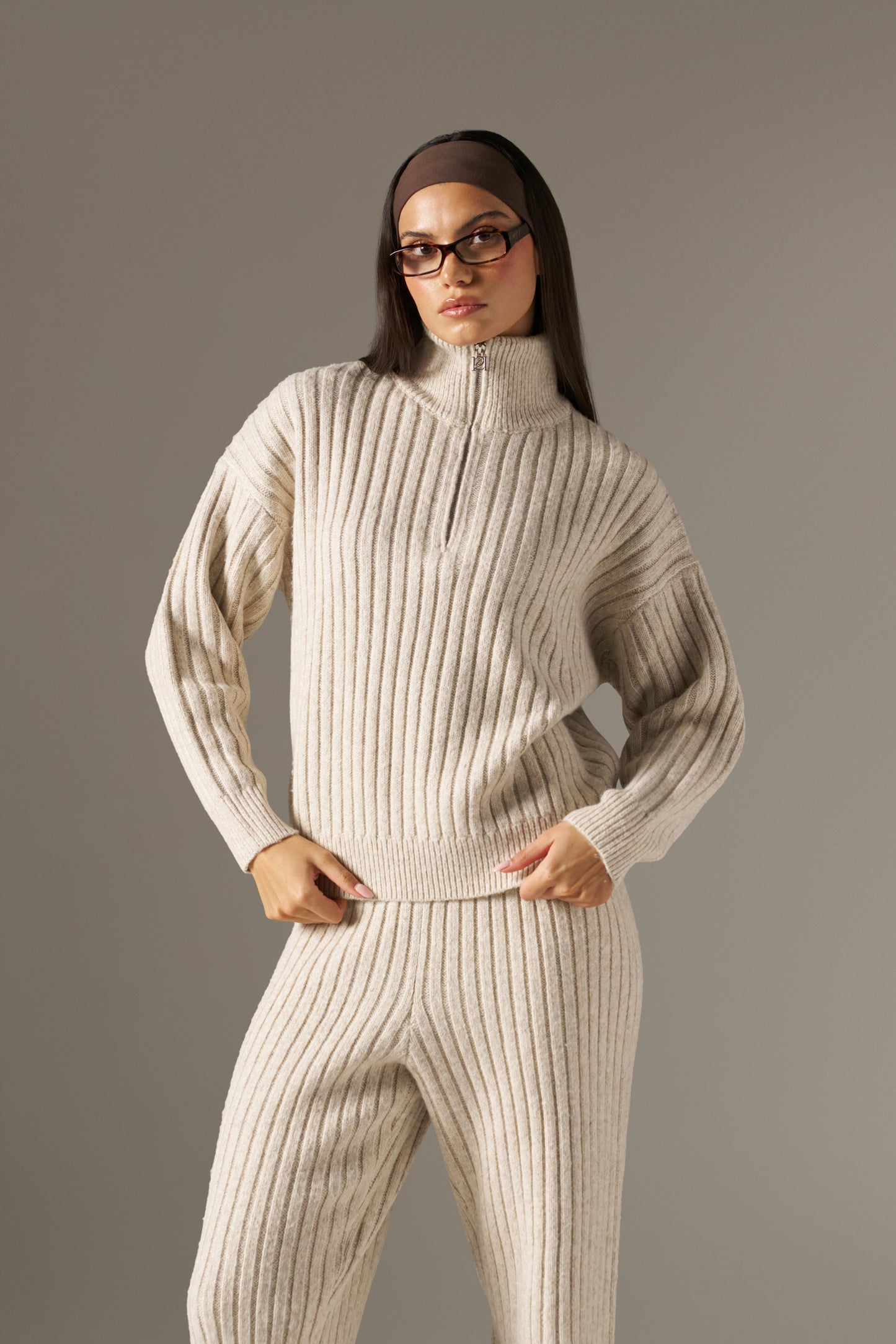Wide Rib Quarter Zip Knitted Jumper - Oatmeal
