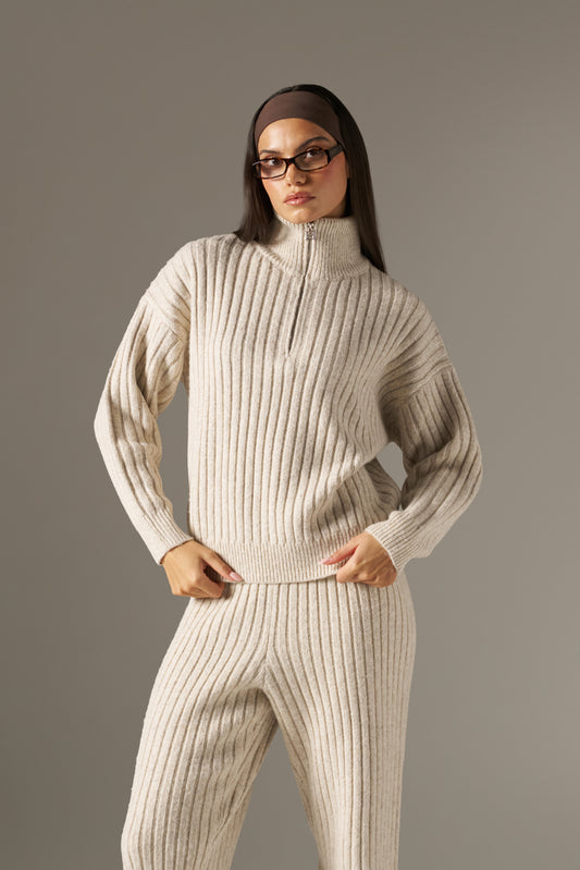 Wide Rib Quarter Zip Knitted Jumper - Oatmeal