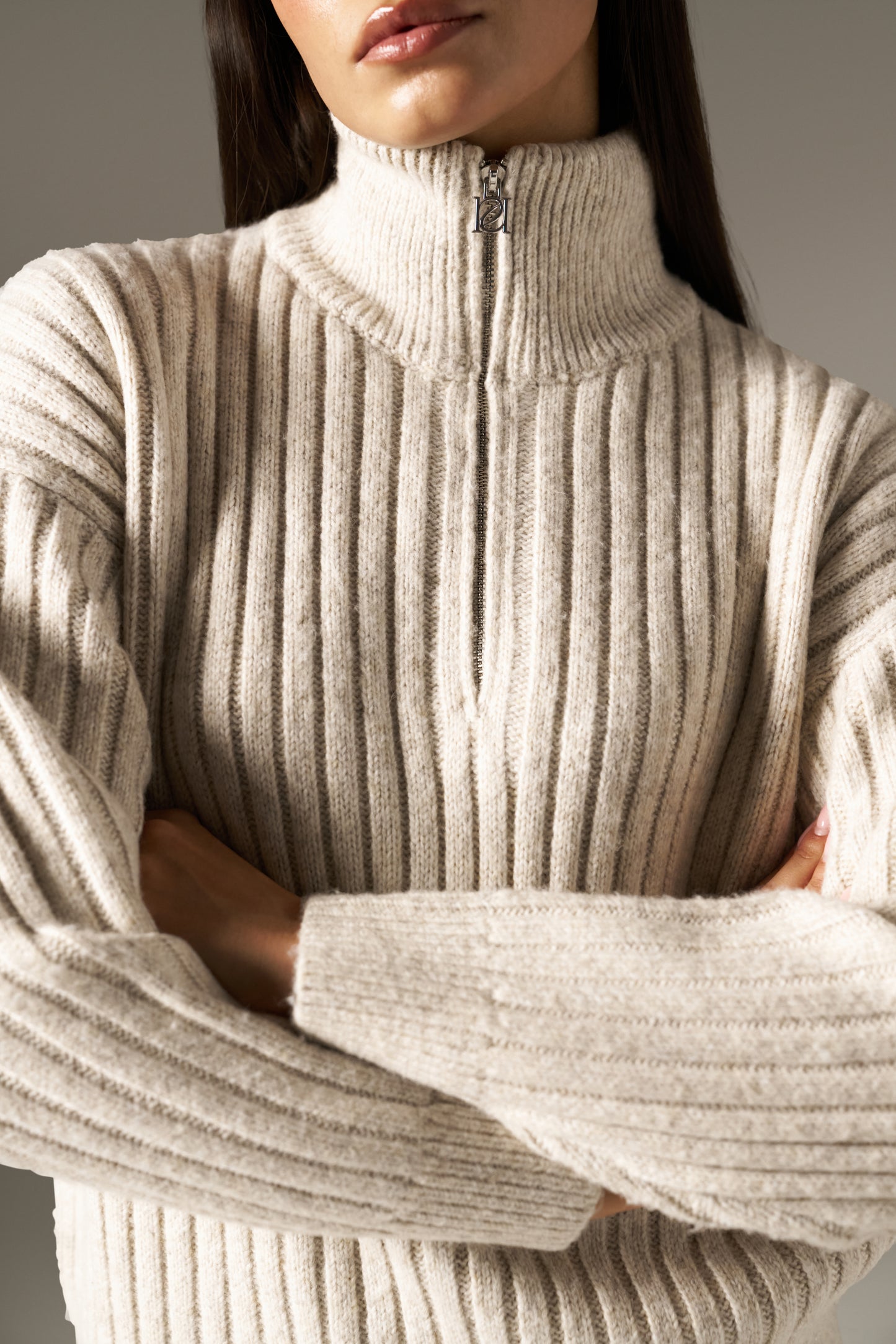 Wide Rib Quarter Zip Knitted Jumper - Oatmeal