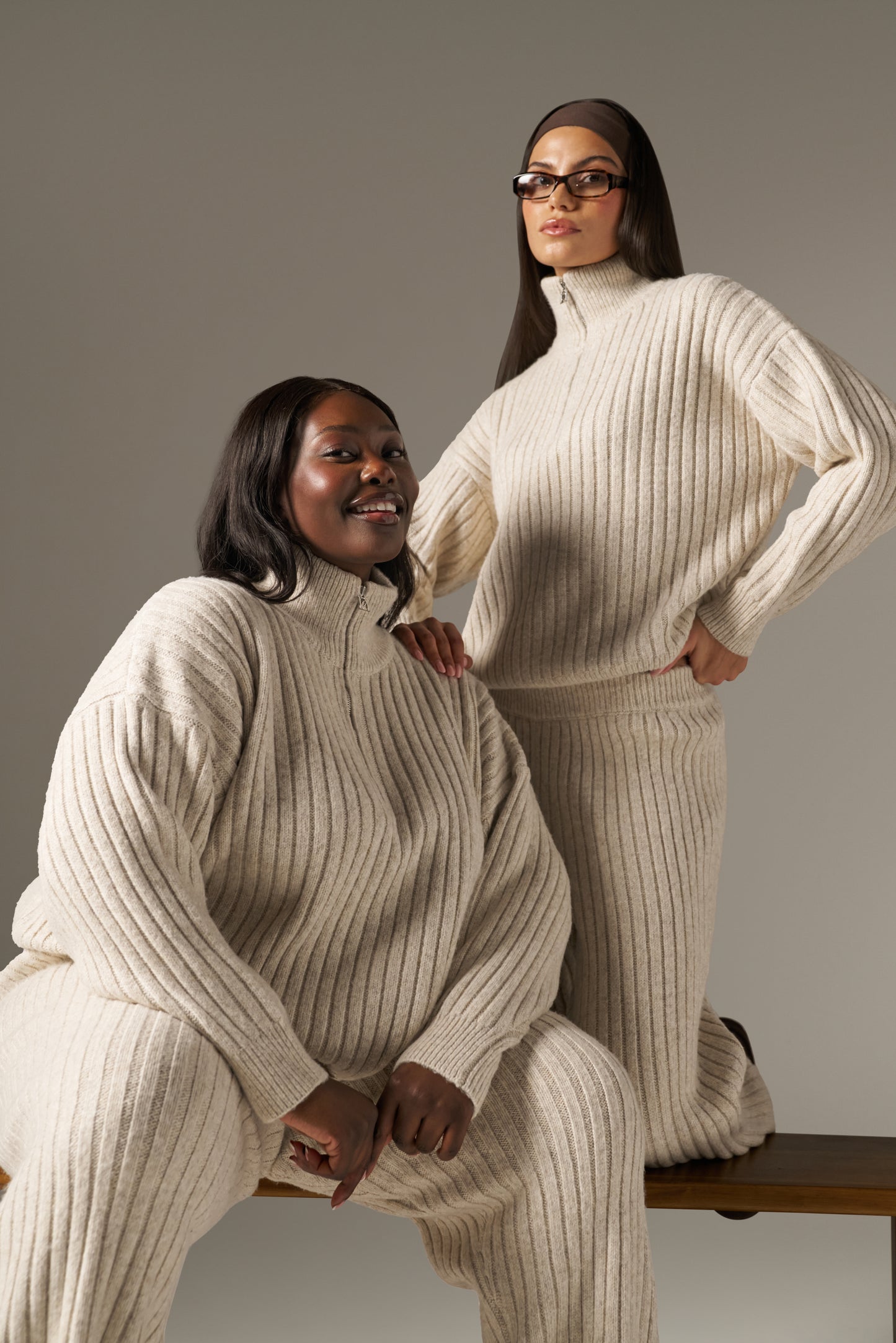 Wide Rib Quarter Zip Knitted Jumper - Oatmeal