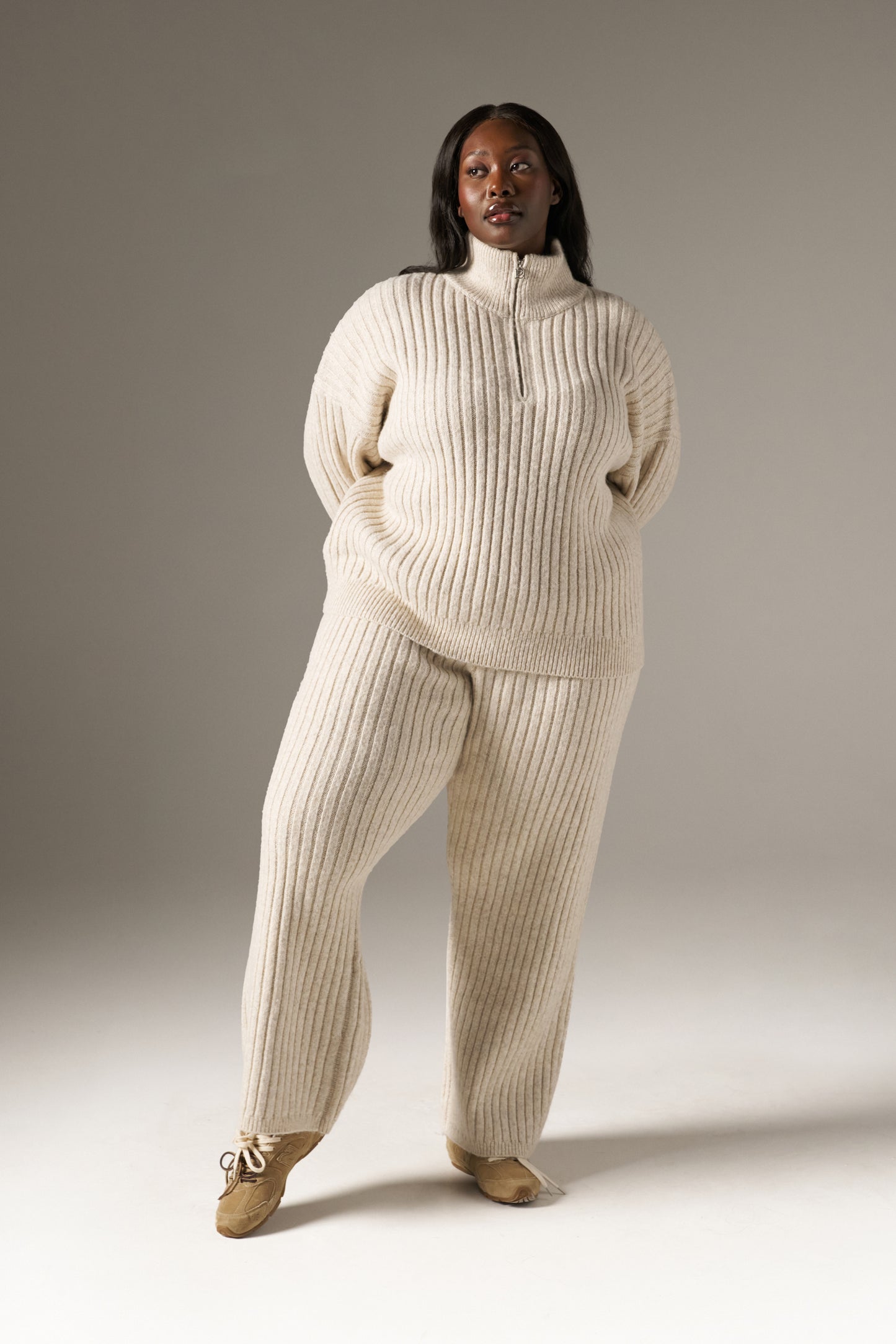 Wide Rib Quarter Zip Knitted Jumper - Oatmeal