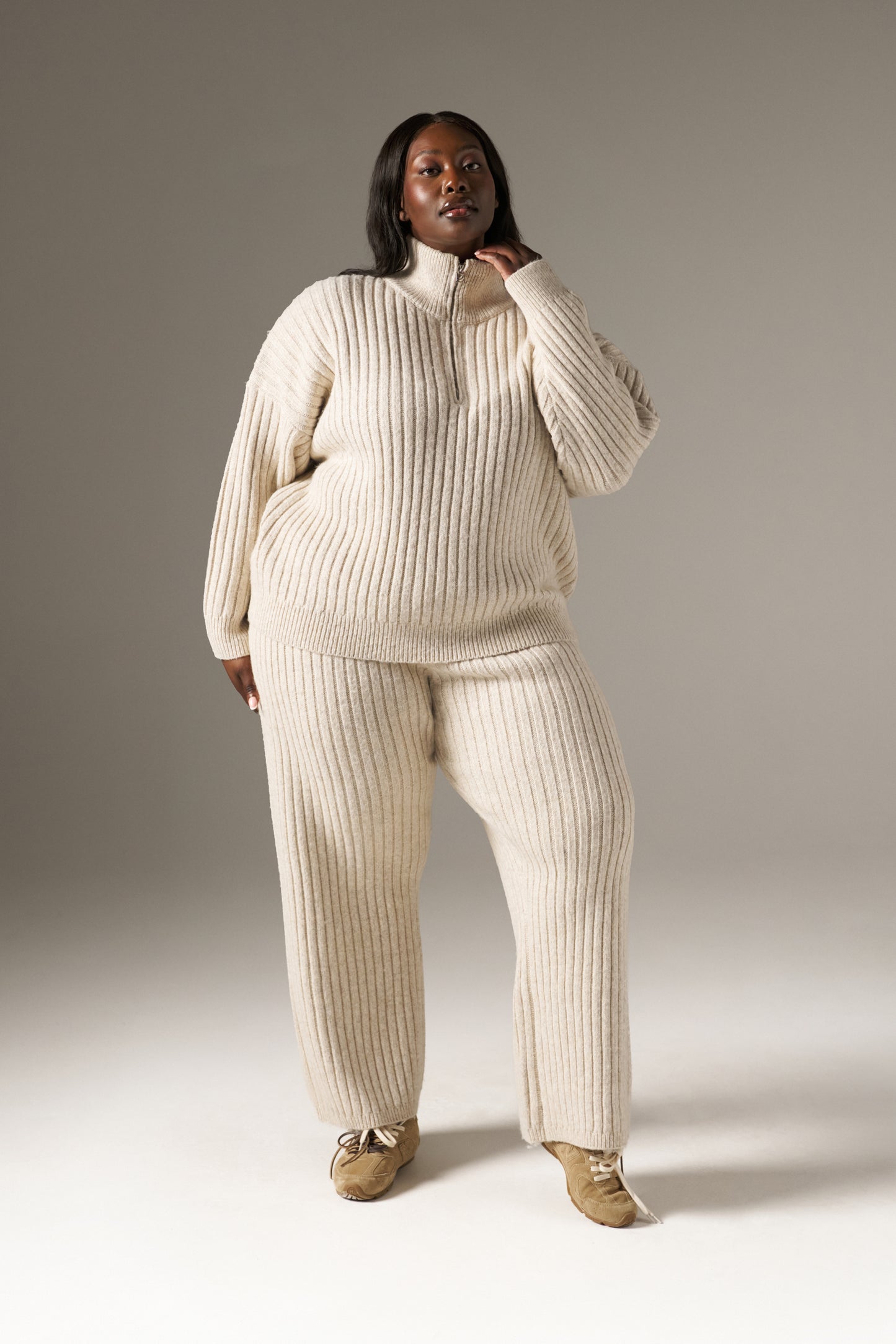 Wide Rib High Waist Knitted Trousers - Oatmeal