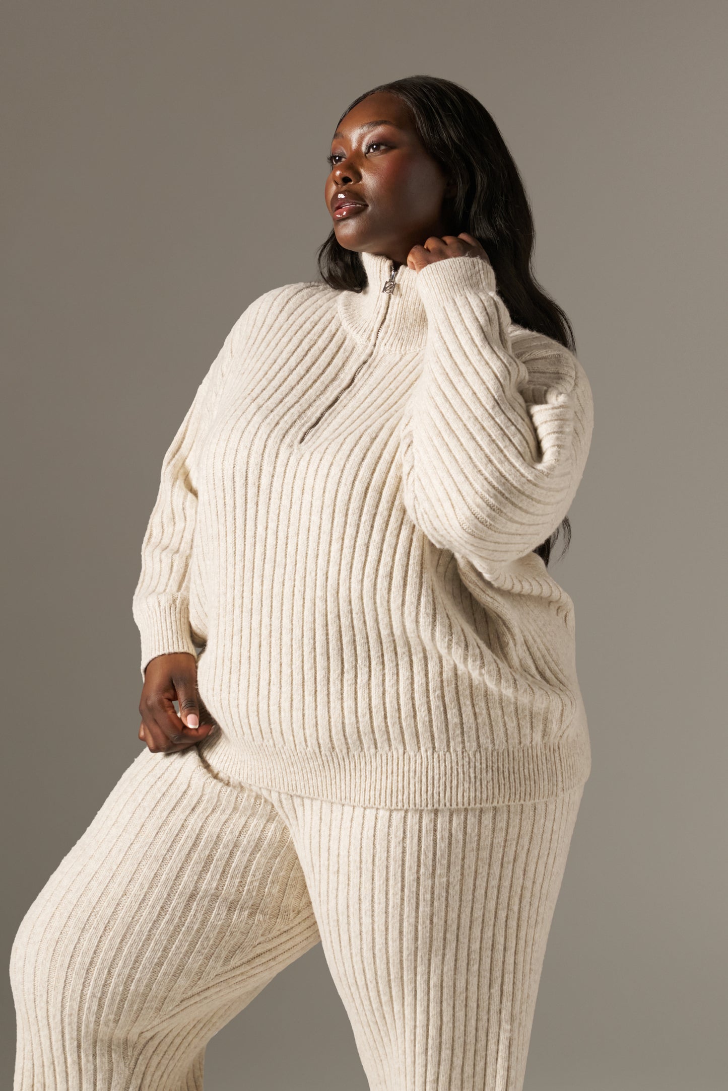 Wide Rib Quarter Zip Knitted Jumper - Oatmeal