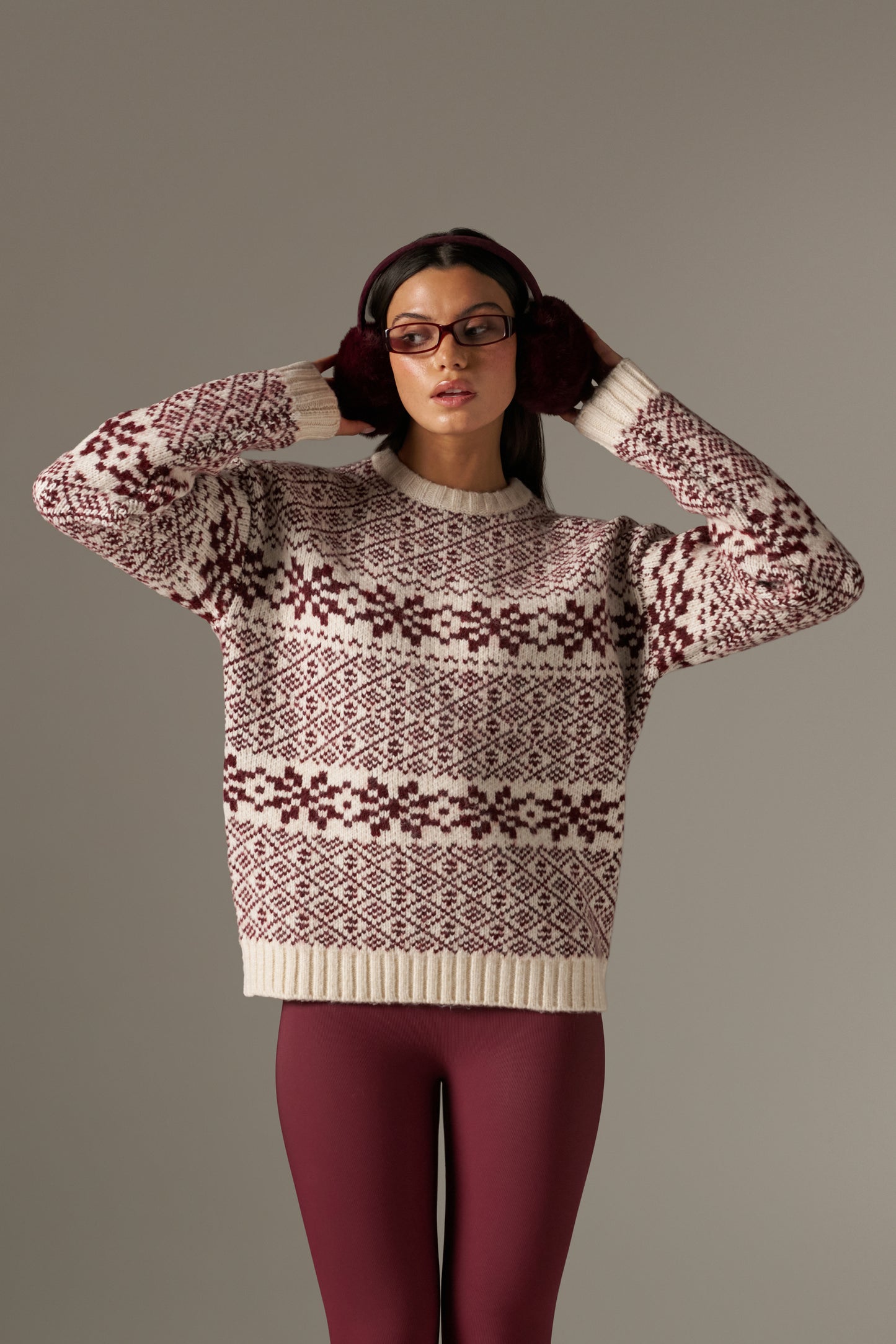 Fair Isle Detail Knitted Jumper - Dark Cherry