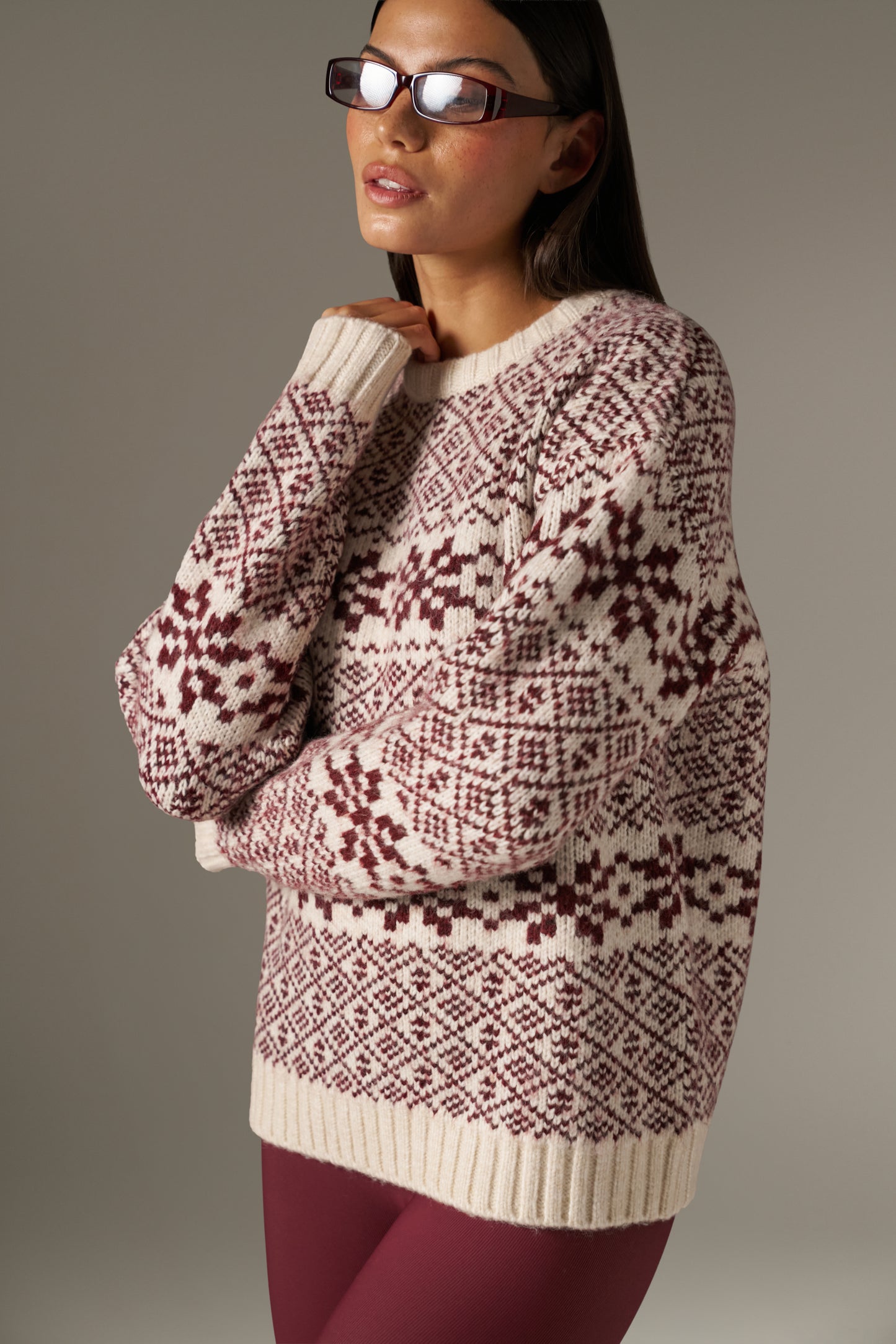 Fair Isle Detail Knitted Jumper - Dark Cherry