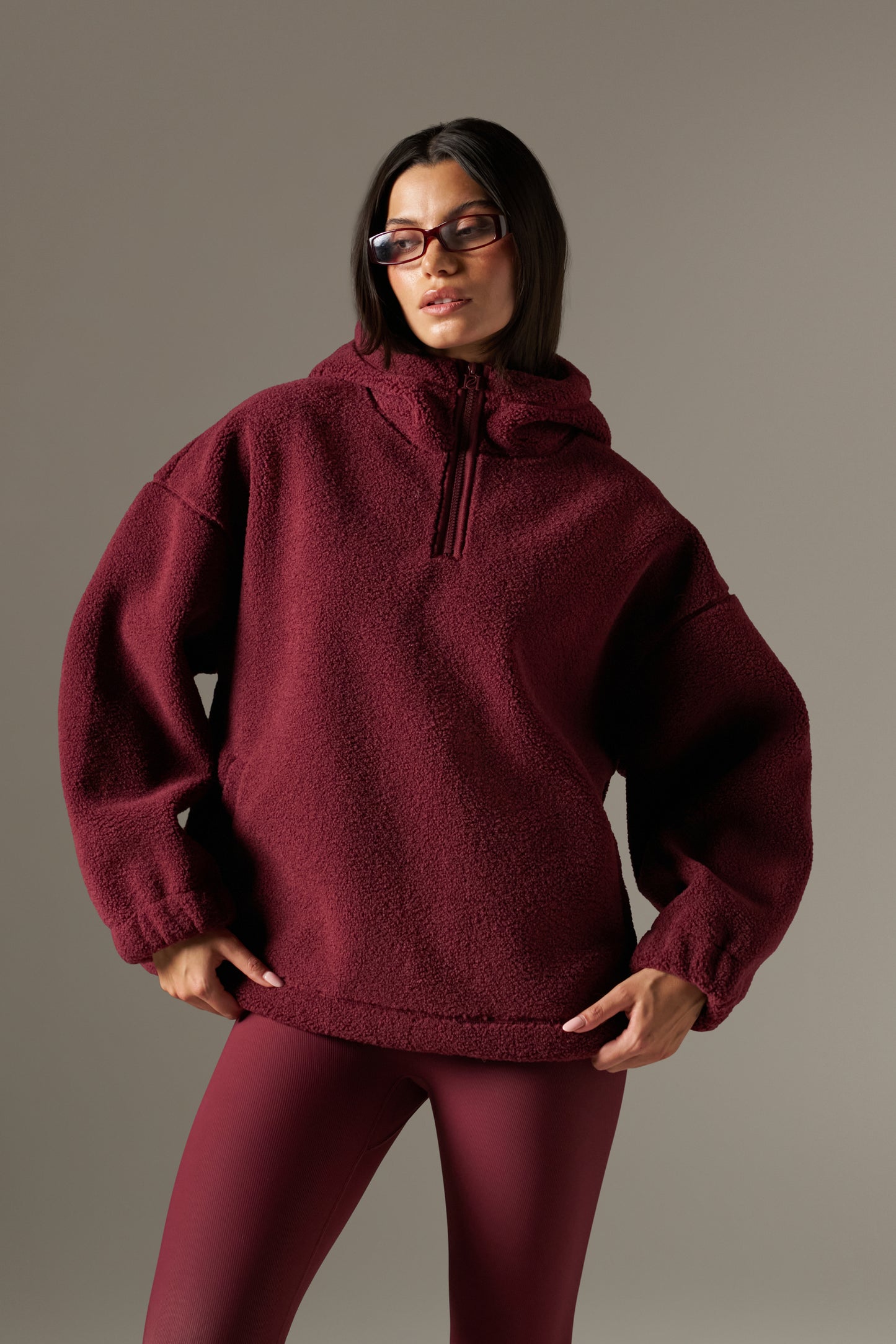 Oversized Quarter Zip Borg Hoodie - Dark Cherry