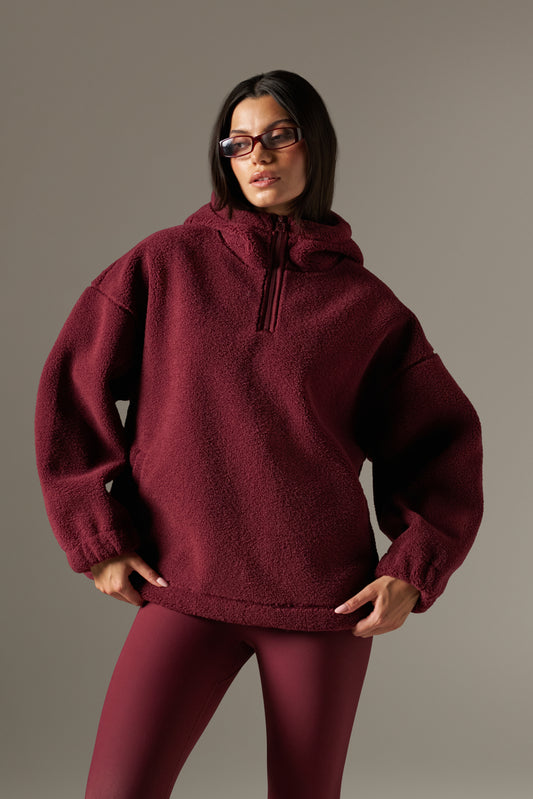 Oversized Quarter Zip Borg Hoodie - Dark Cherry