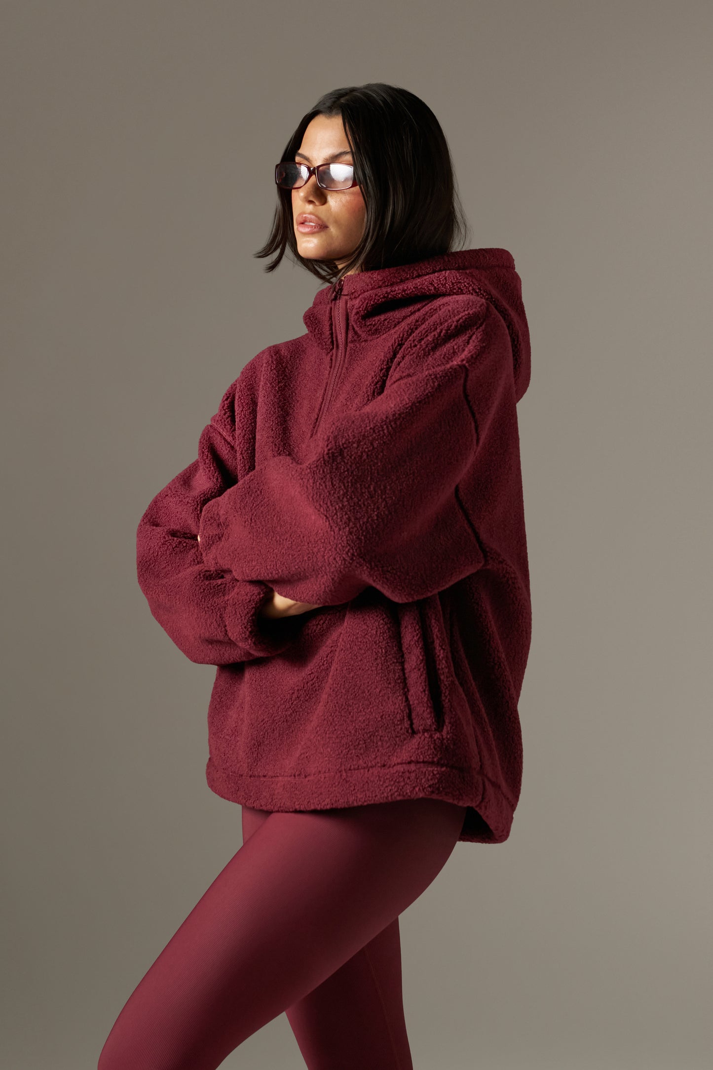 Oversized Quarter Zip Borg Hoodie - Dark Cherry