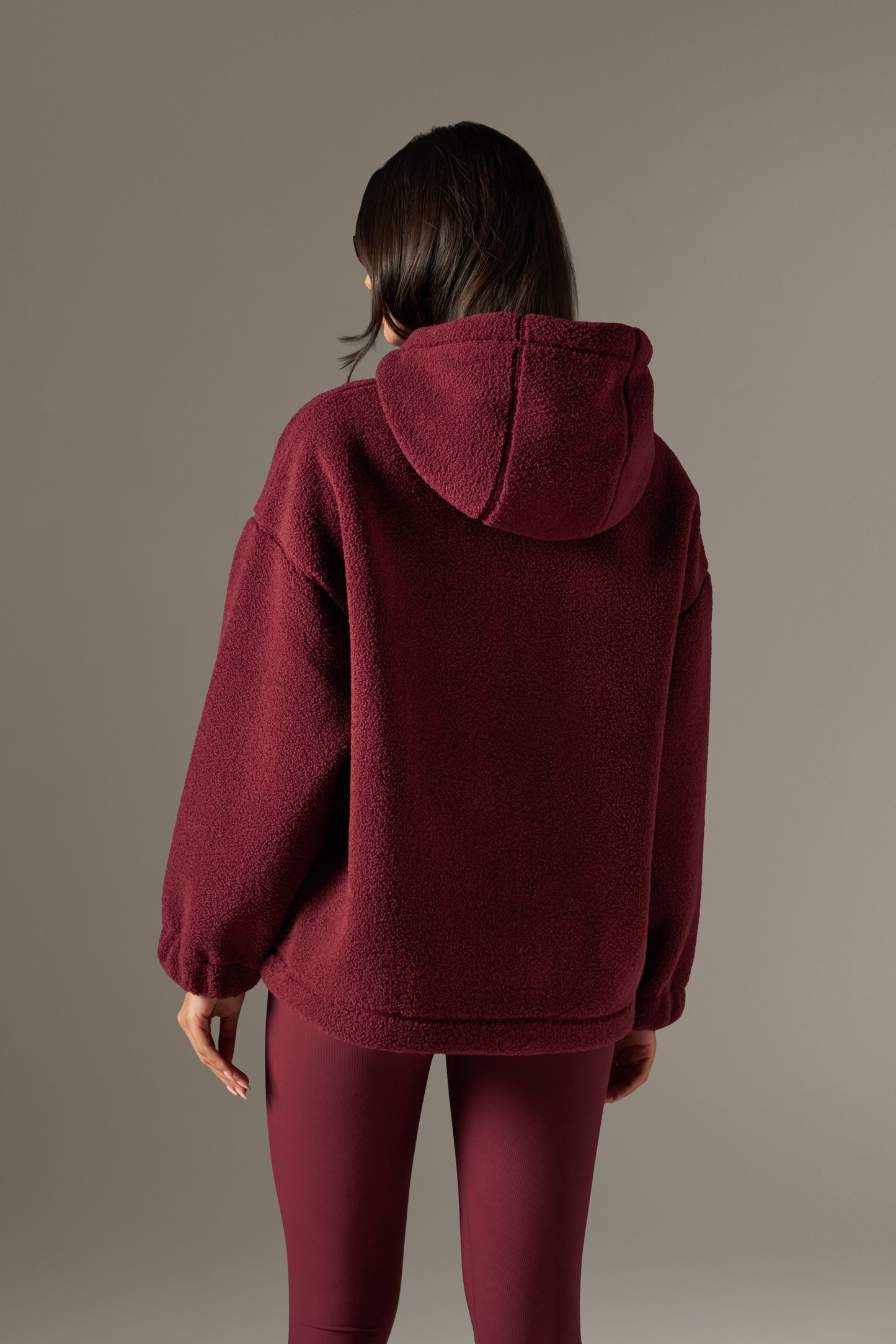 Oversized Quarter Zip Borg Hoodie - Dark Cherry