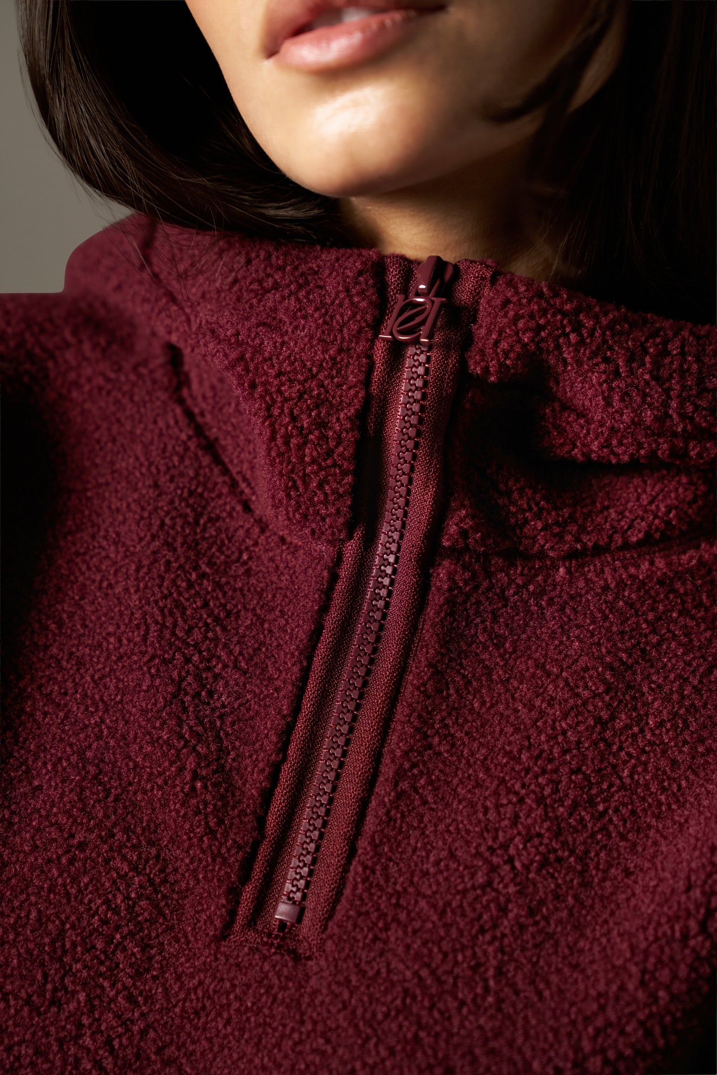 Oversized Quarter Zip Borg Hoodie - Dark Cherry