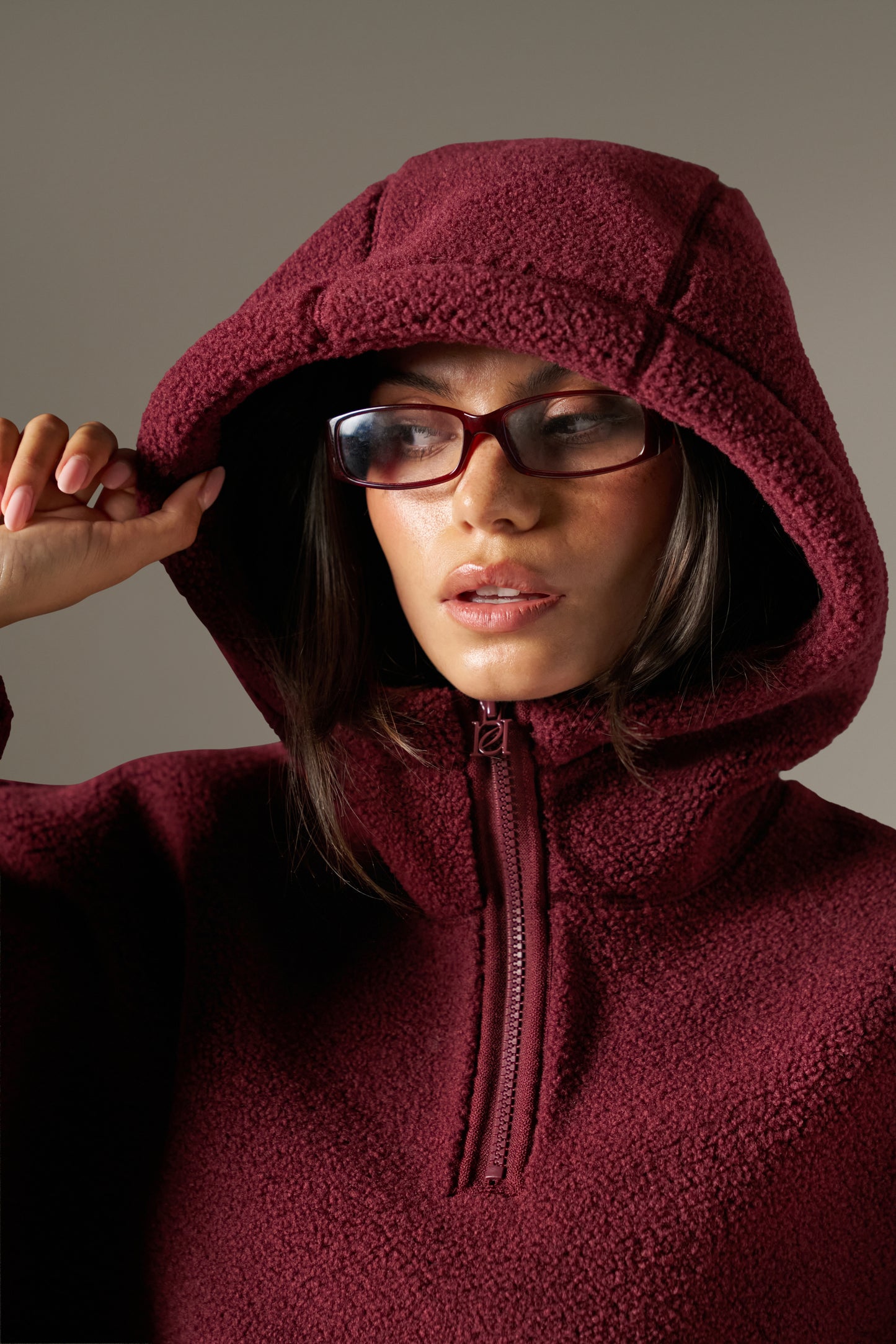 Oversized Quarter Zip Borg Hoodie - Dark Cherry