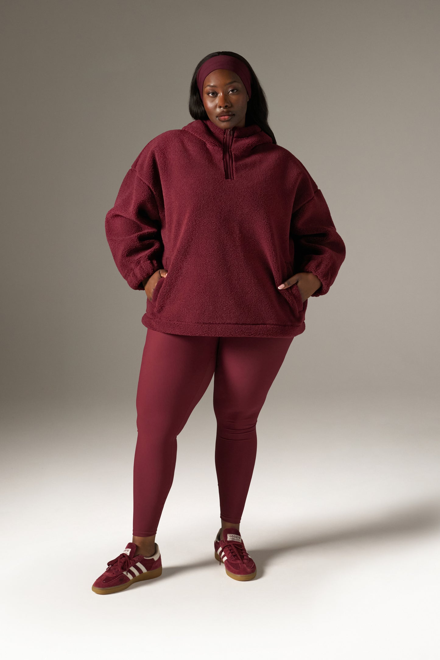 Oversized Quarter Zip Borg Hoodie - Dark Cherry