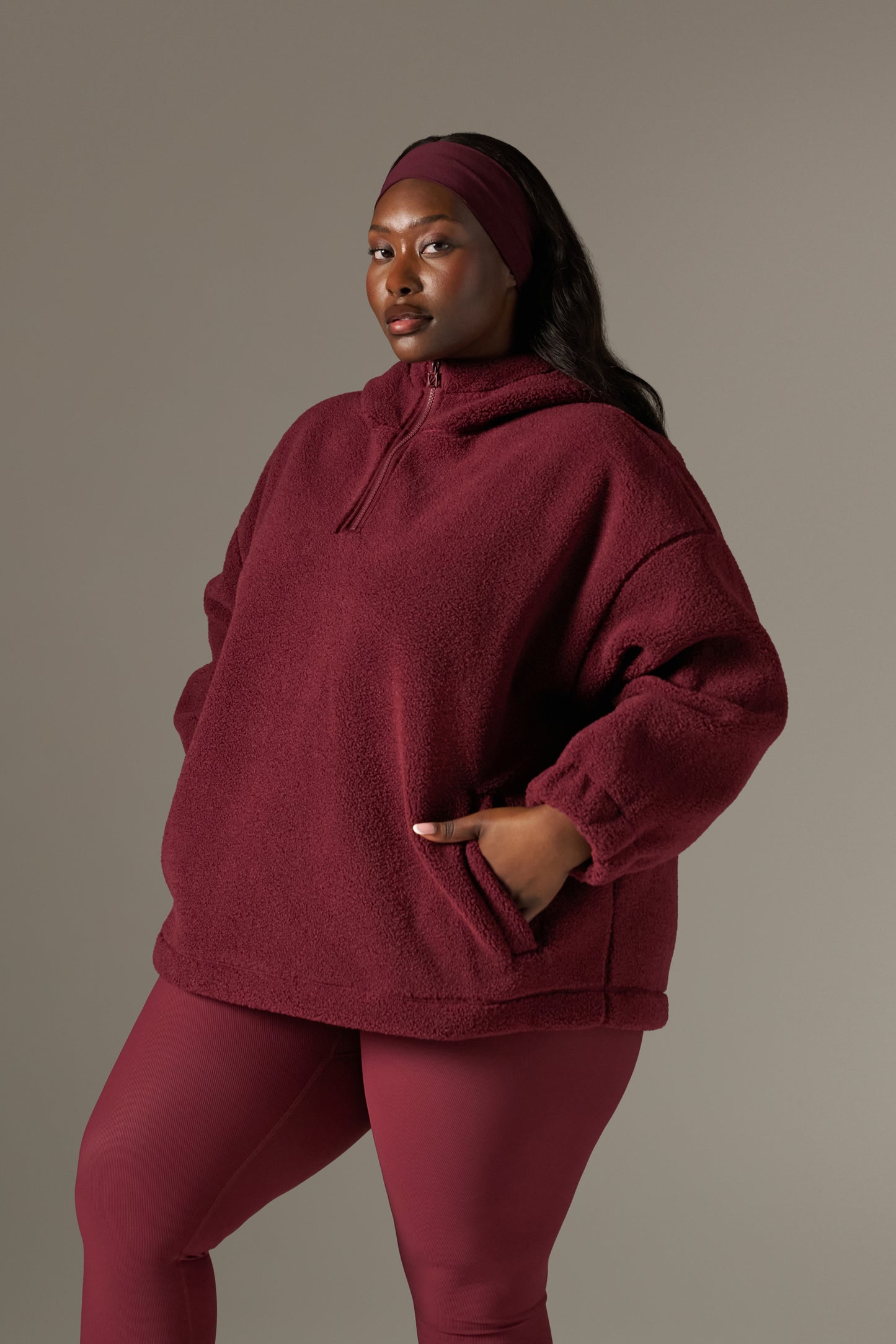 Oversized Quarter Zip Borg Hoodie - Dark Cherry