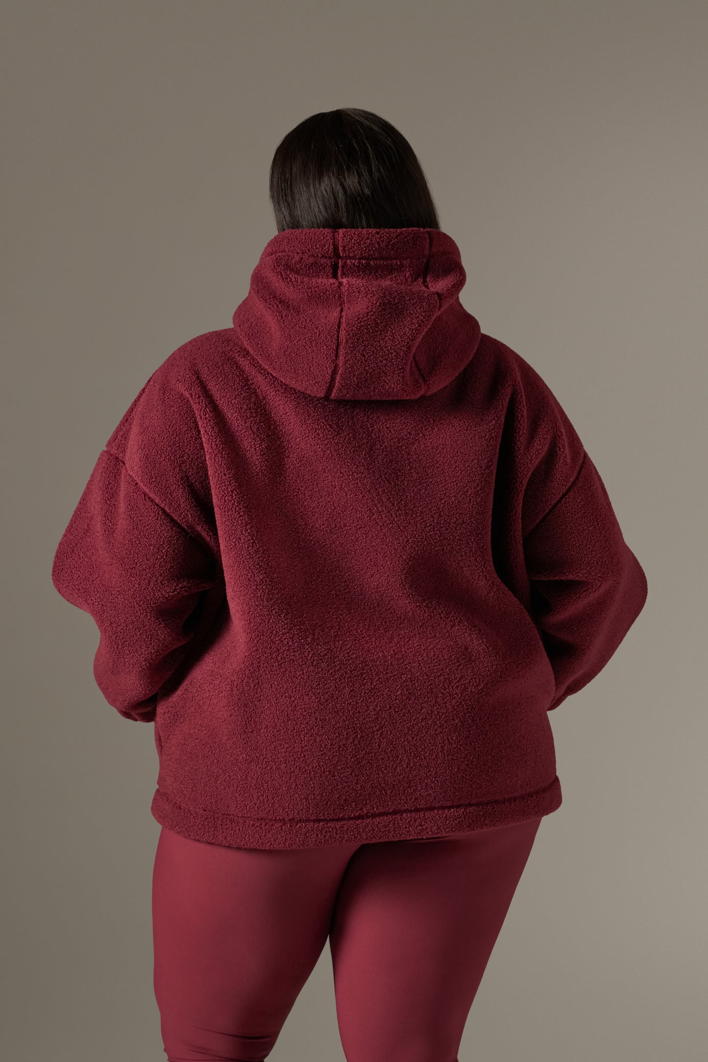 Oversized Quarter Zip Borg Hoodie - Dark Cherry