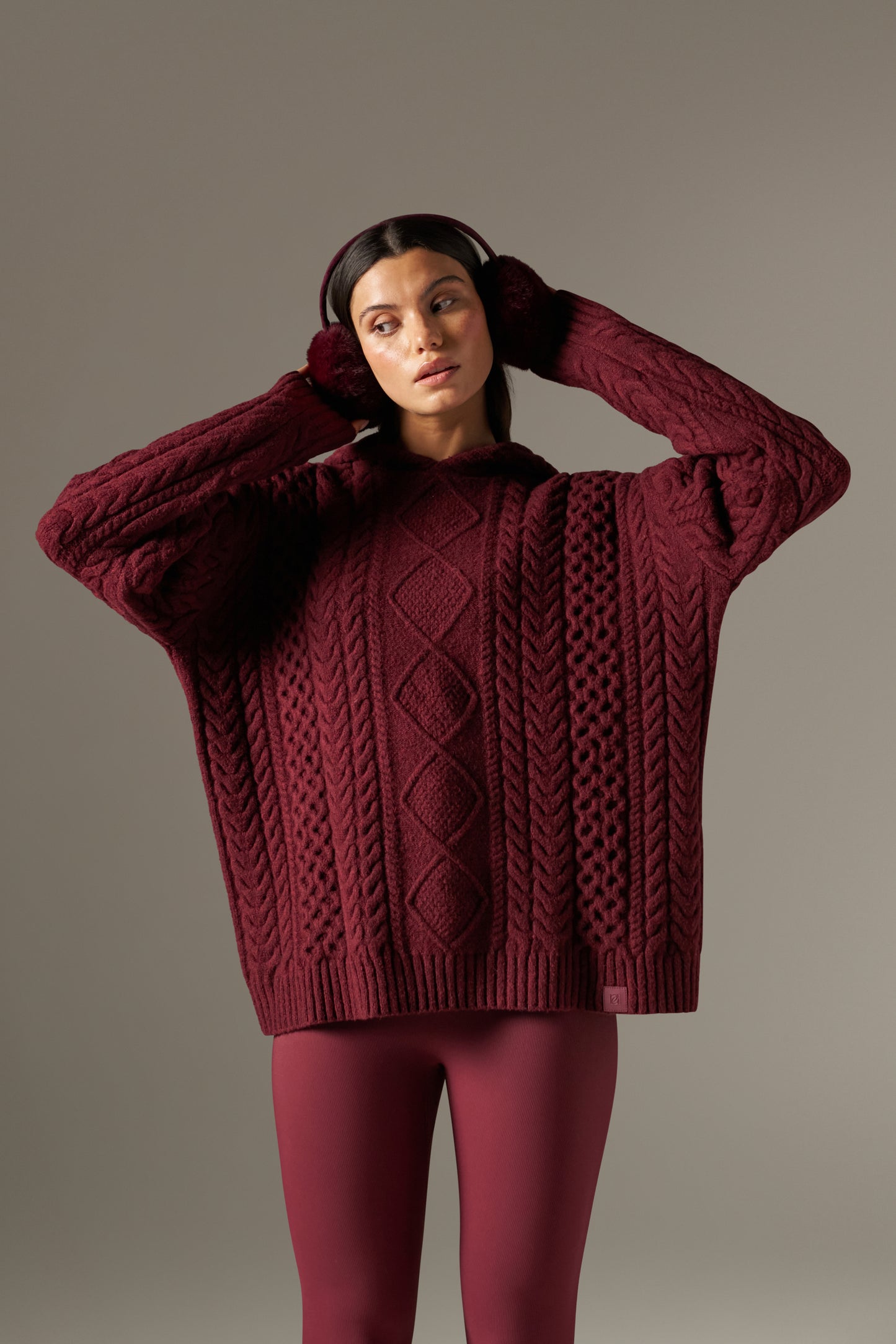 Chunky Cable Premium Knit Hoodie - Dark Cherry