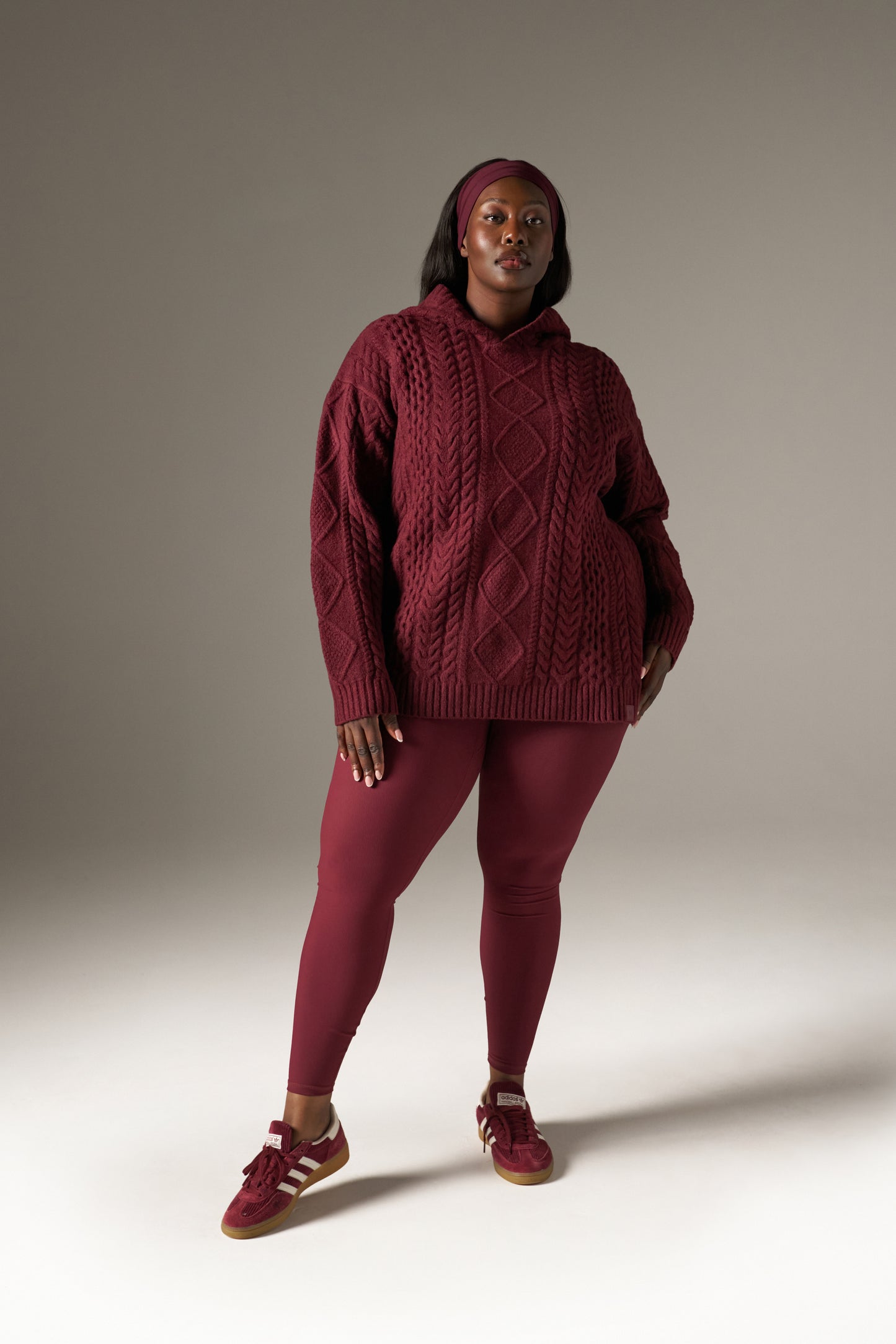 Chunky Cable Premium Knit Hoodie - Dark Cherry