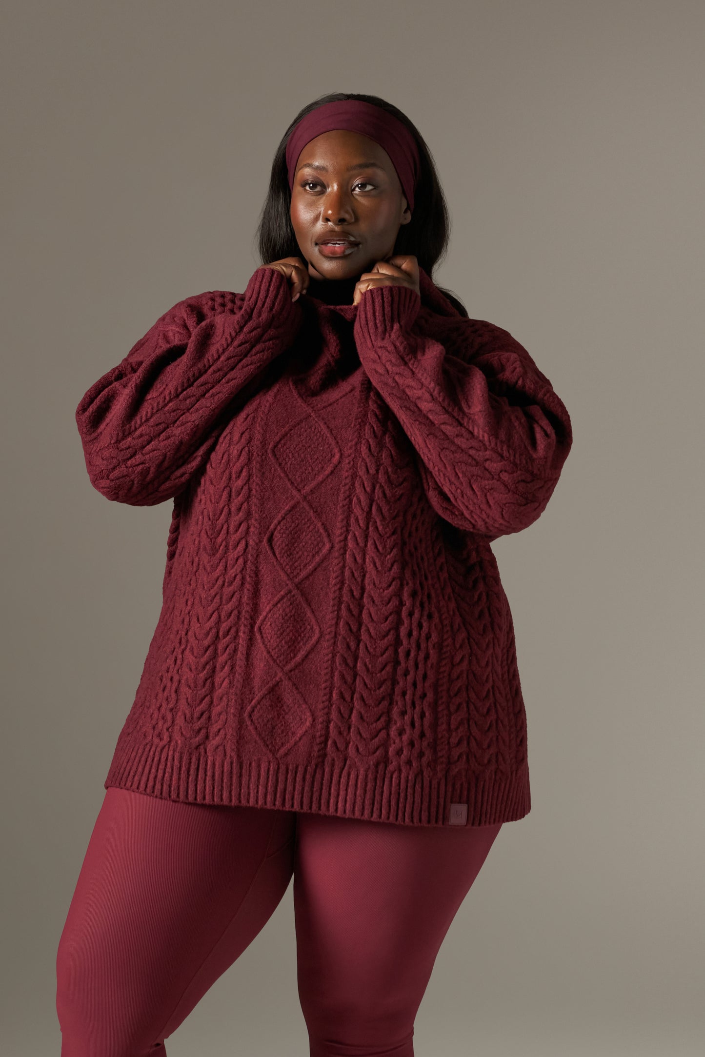 Chunky Cable Premium Knit Hoodie - Dark Cherry