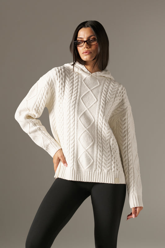 Chunky Cable Premium Knitted Hoodie - Crème