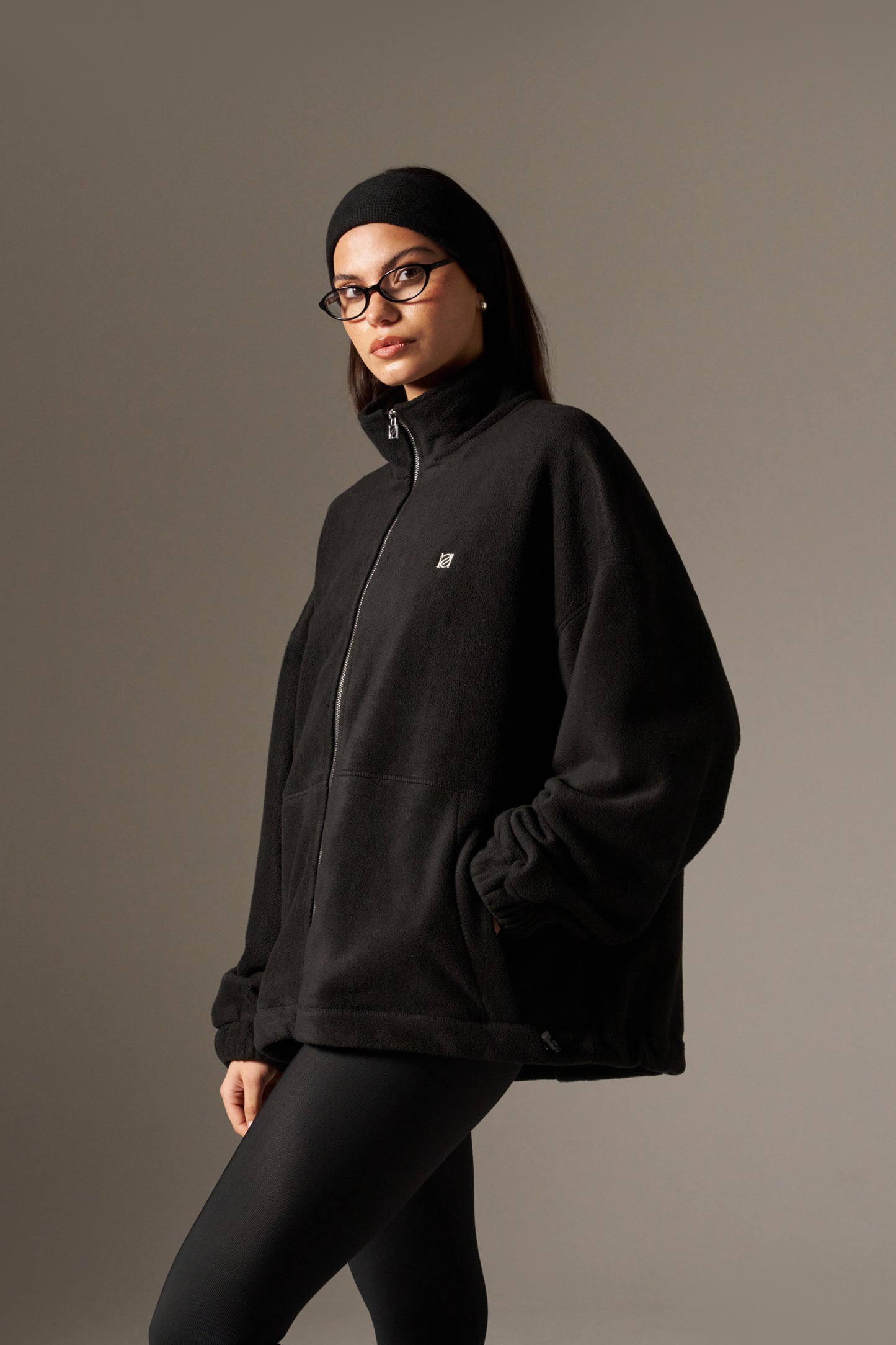 Oversized Fleece Zip Through Elasticated Jacket - Core Black