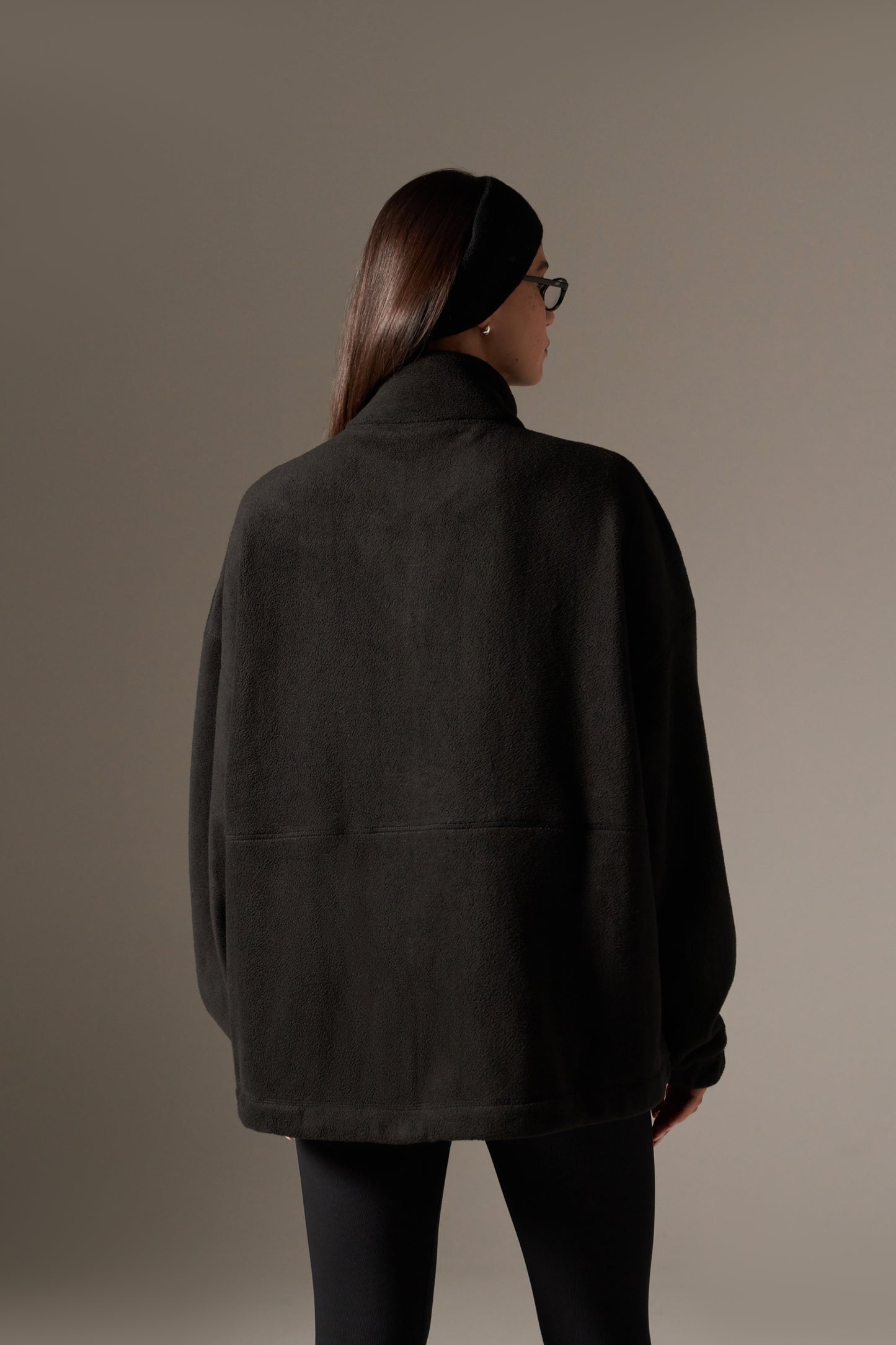 Oversized Fleece Zip Through Elasticated Jacket - Core Black