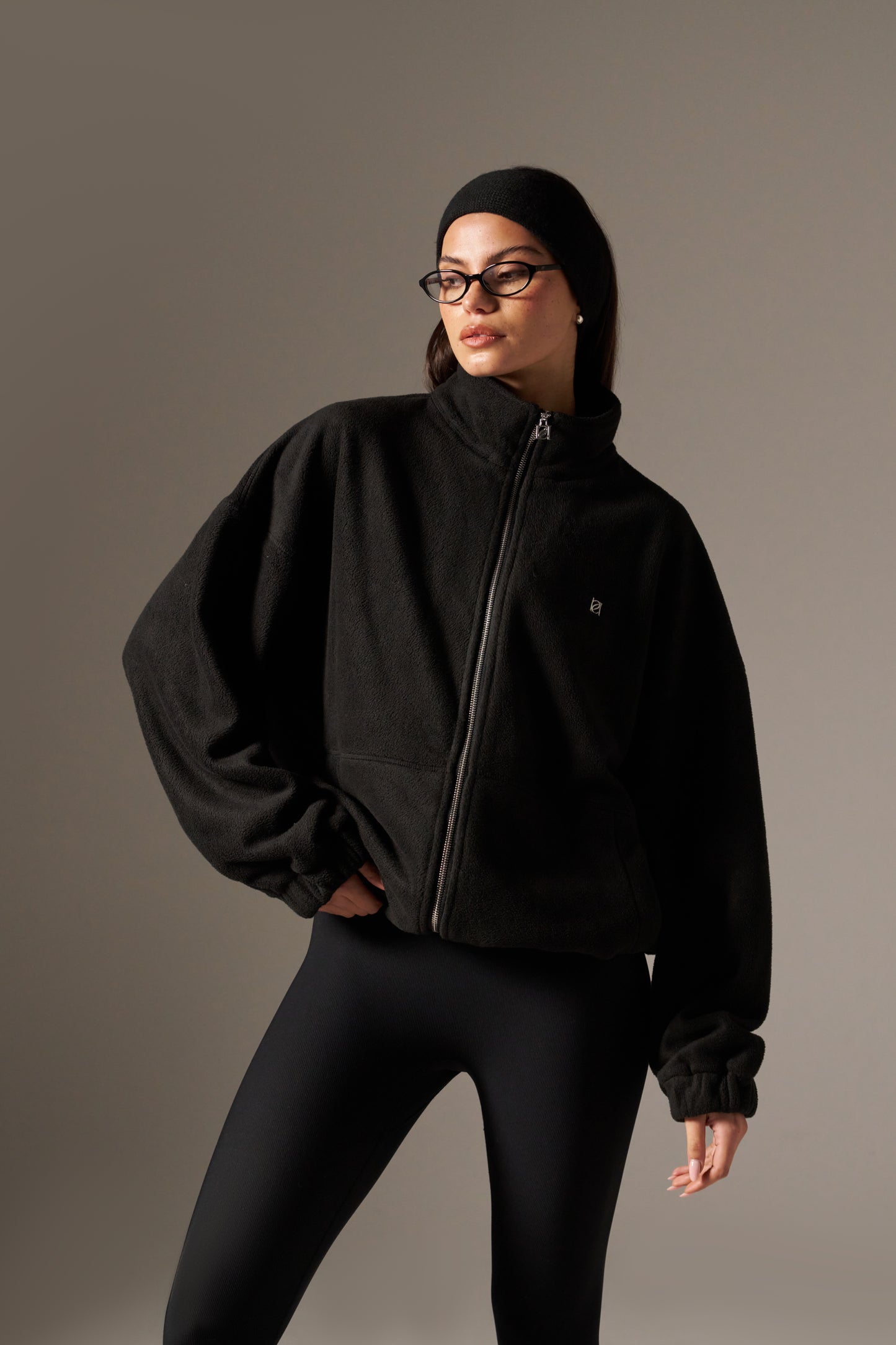 Oversized Fleece Zip Through Elasticated Jacket - Core Black