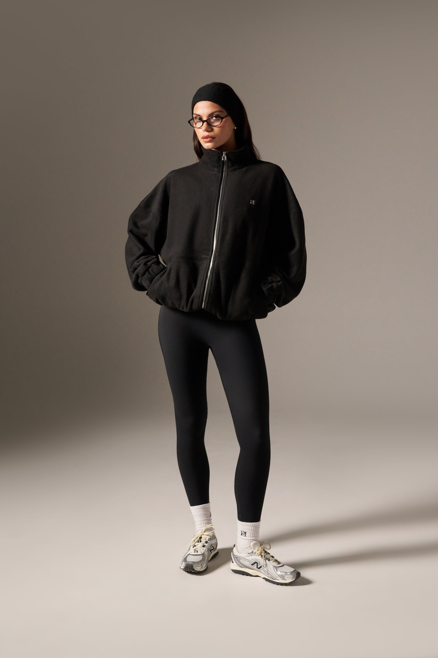 Oversized Fleece Zip Through Elasticated Jacket - Core Black