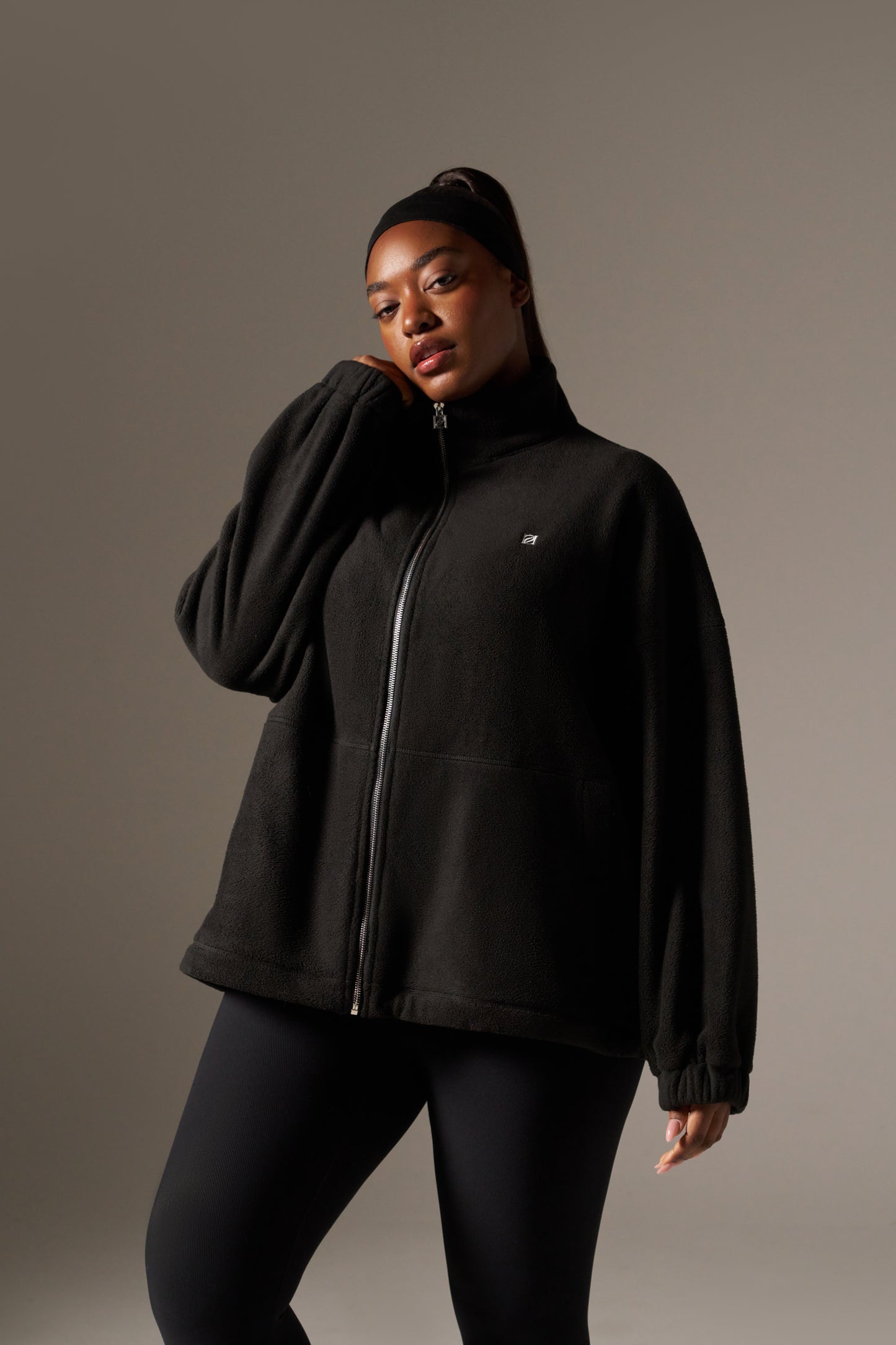 Oversized Fleece Zip Through Elasticated Jacket - Core Black