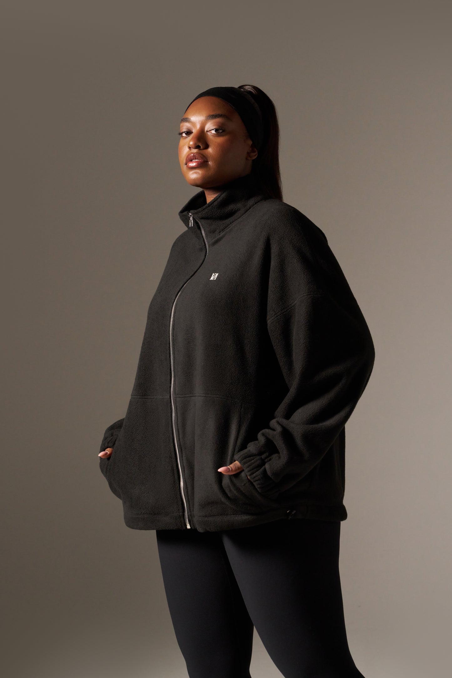 Oversized Fleece Zip Through Elasticated Jacket - Core Black