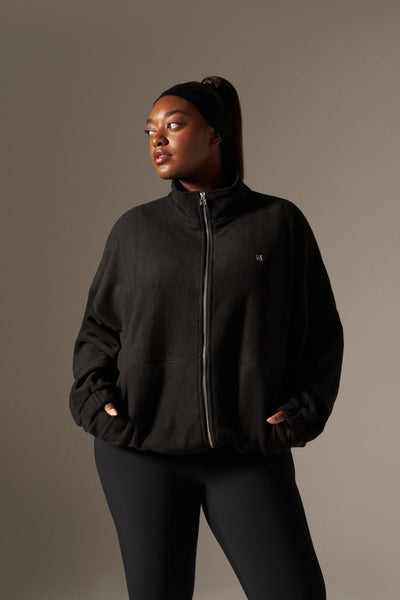 Oversized Fleece Zip Through Elasticated Jacket - Core Black