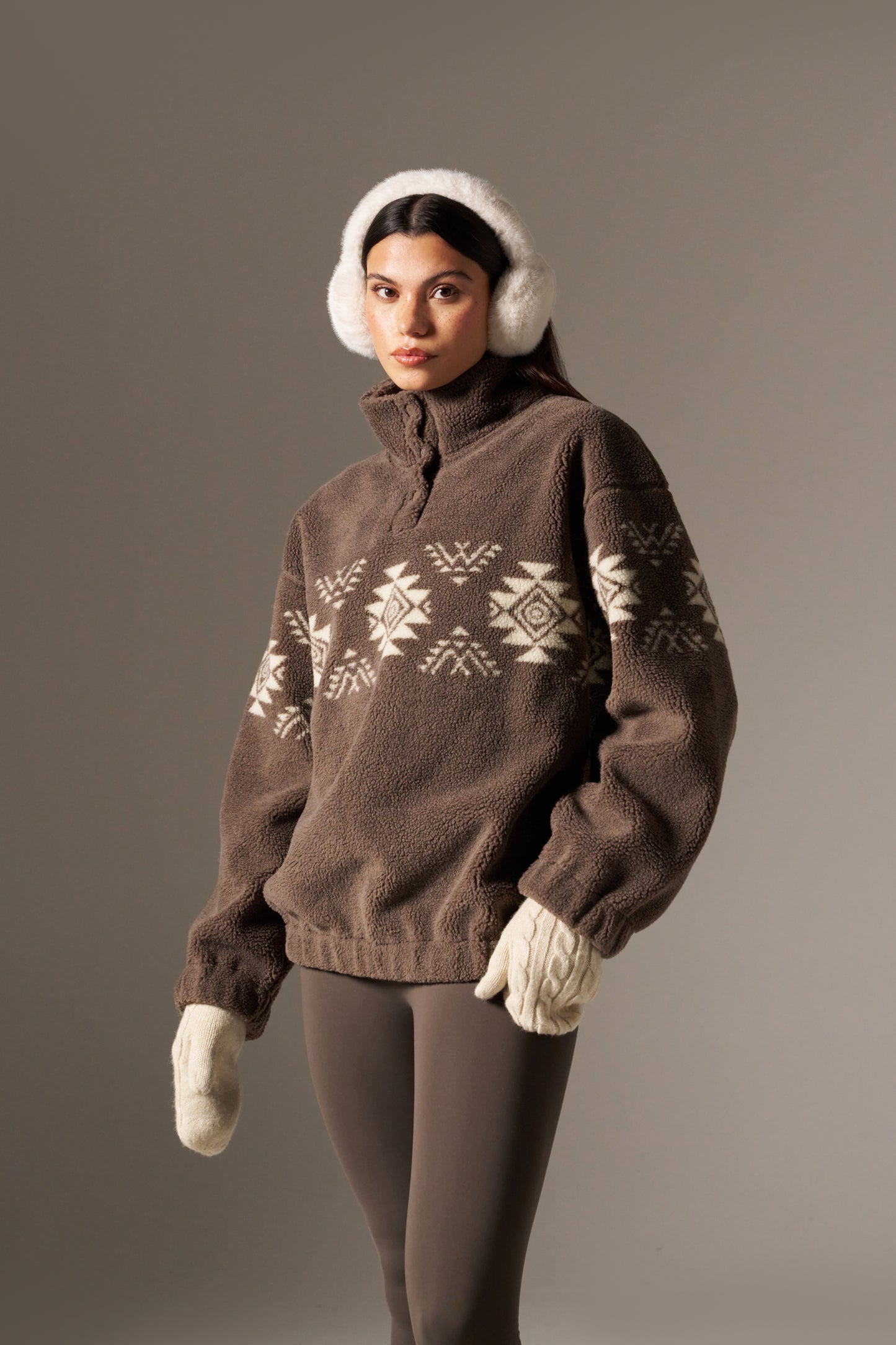 Fairisle Popper Detail Borg Sweatshirt - Cocoa